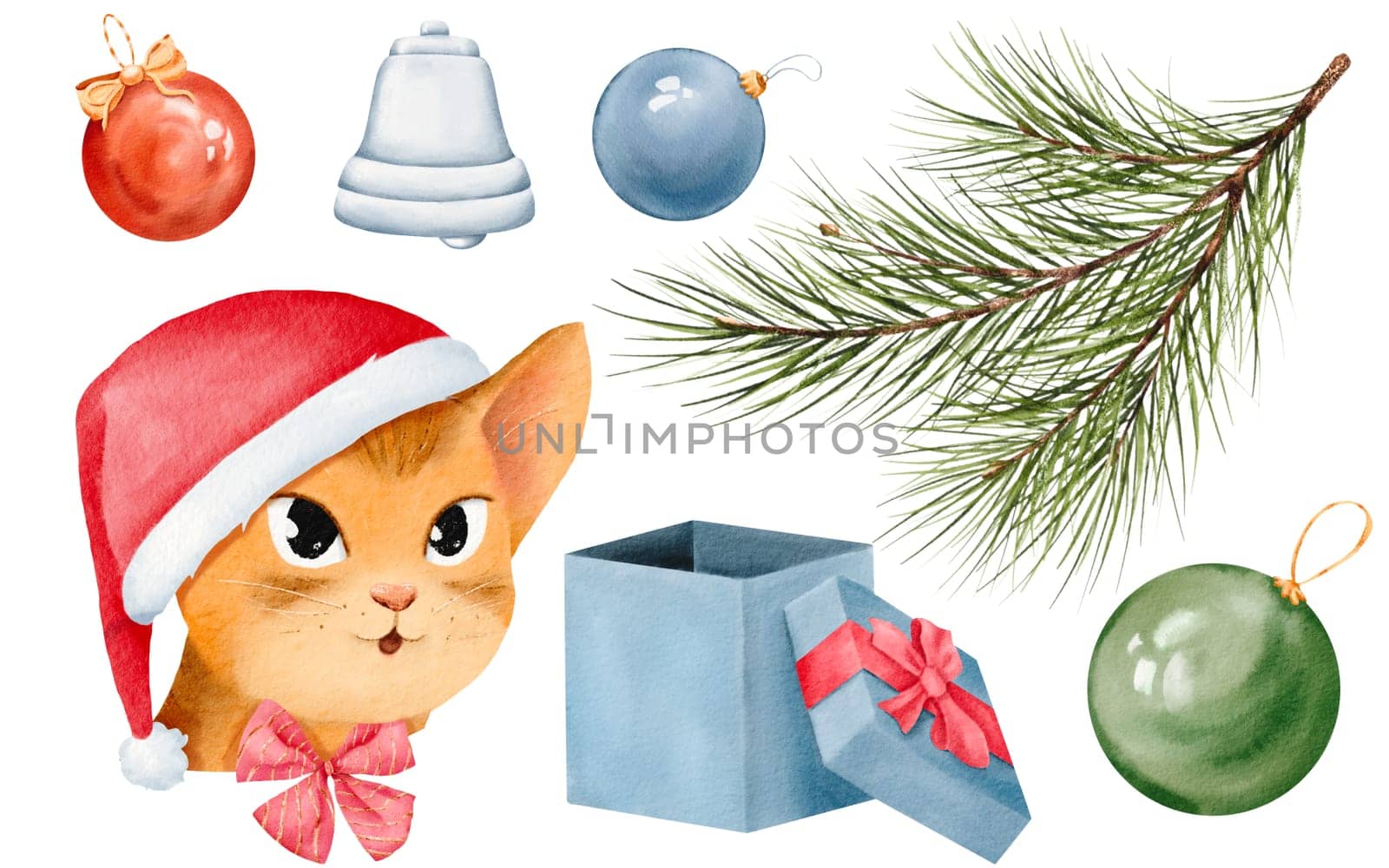 A watercolor New Year element collection featuring a cat in a Santa hat with Christmas ornaments and colorful gift boxes tied with ribbons. Ideal for stickers, cards, sets, and design elements by Art_Mari_Ka