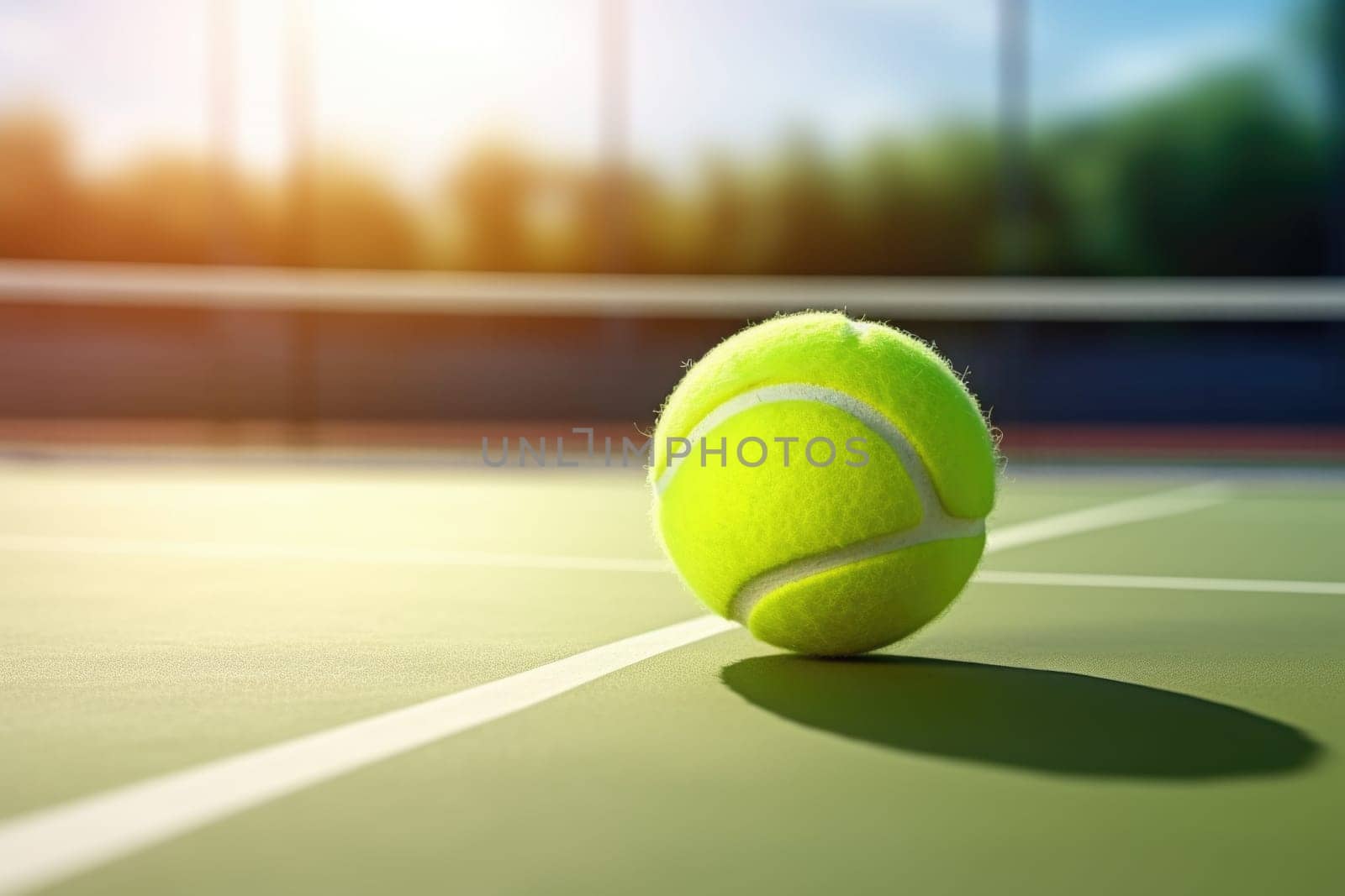 Closeup of yellow tennis ball on court floor. AI Generated