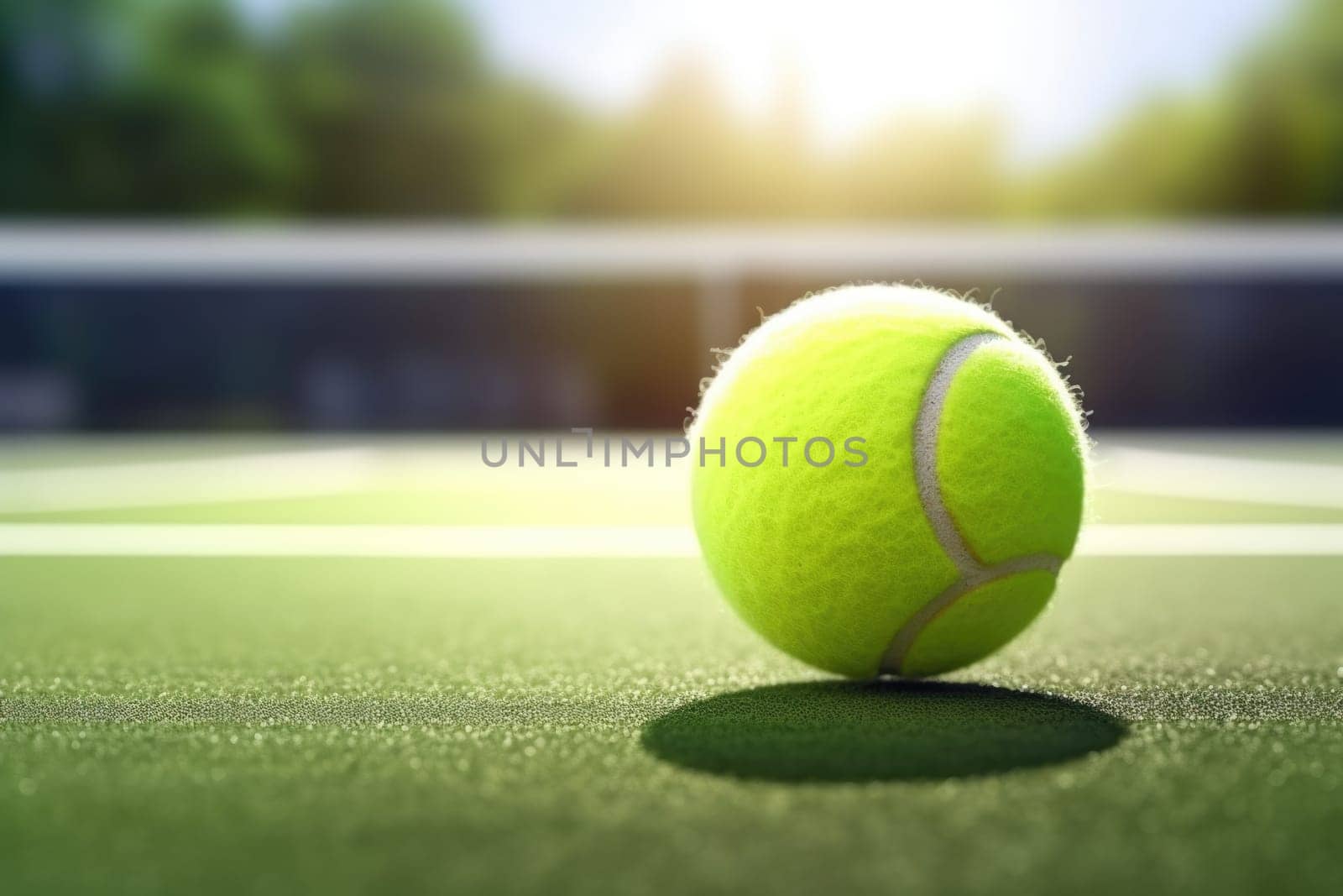 Closeup of tennis ball on court floor. AI Generated by Desperada