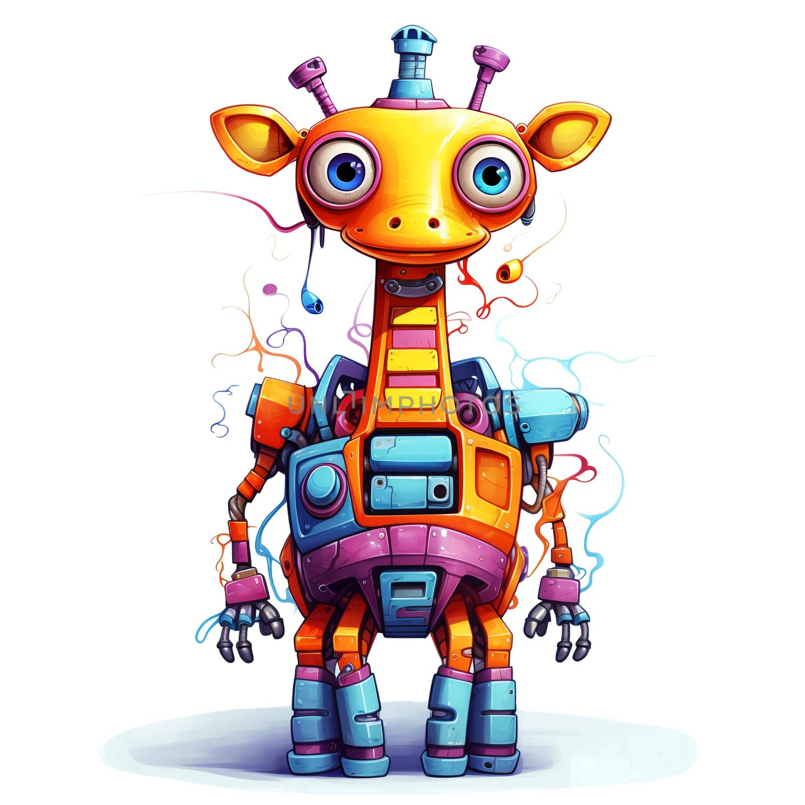 Cartoon giraffe robots. T-Shirt, Sticker. Funny cyborg. AI Generated by AndreyKENO