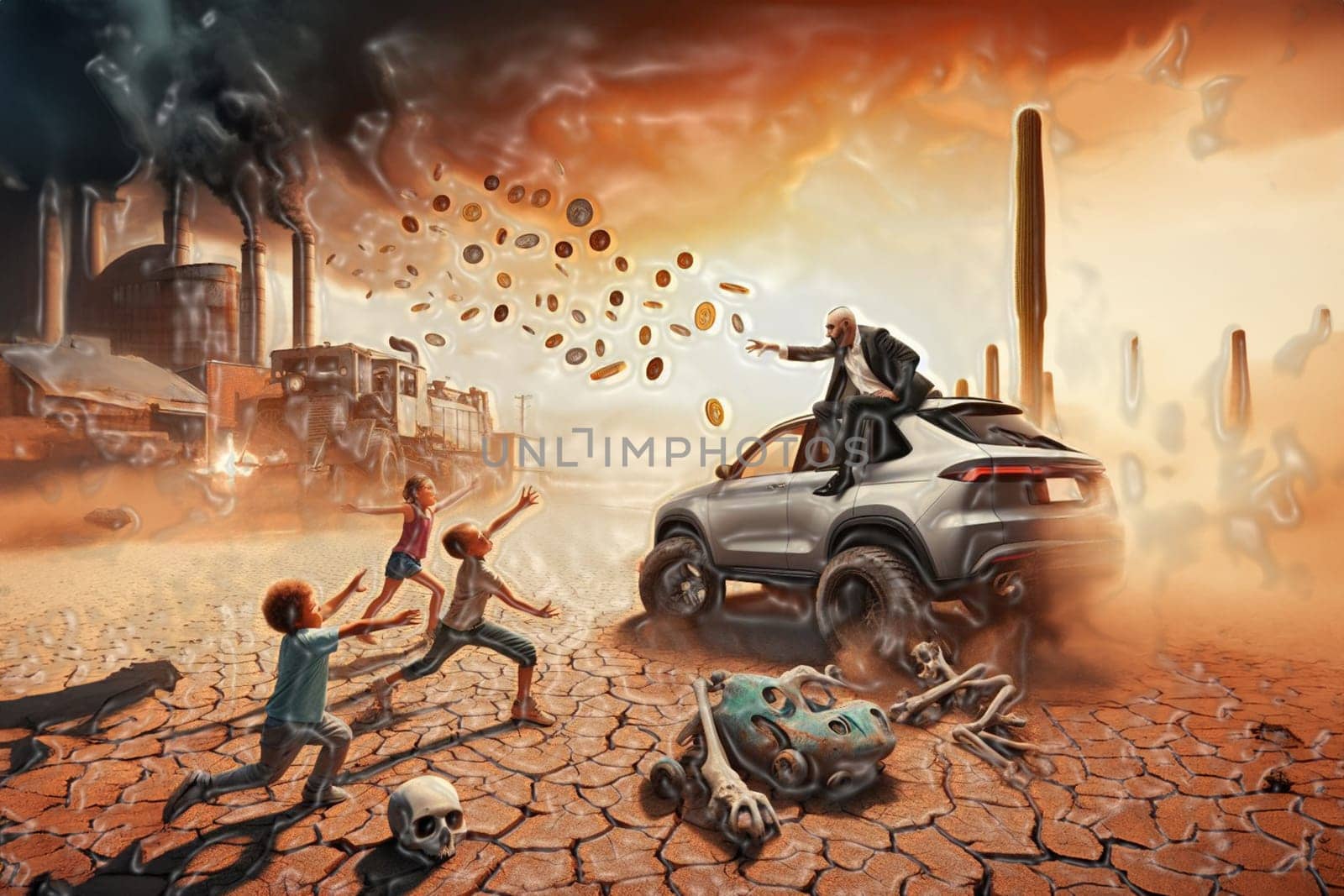 Children playing ball in dystopian scene, Scorched earth arid soil desert heat sun climate change global warming drought, abandoned unfertile land,apocalyptic scene, ai generated