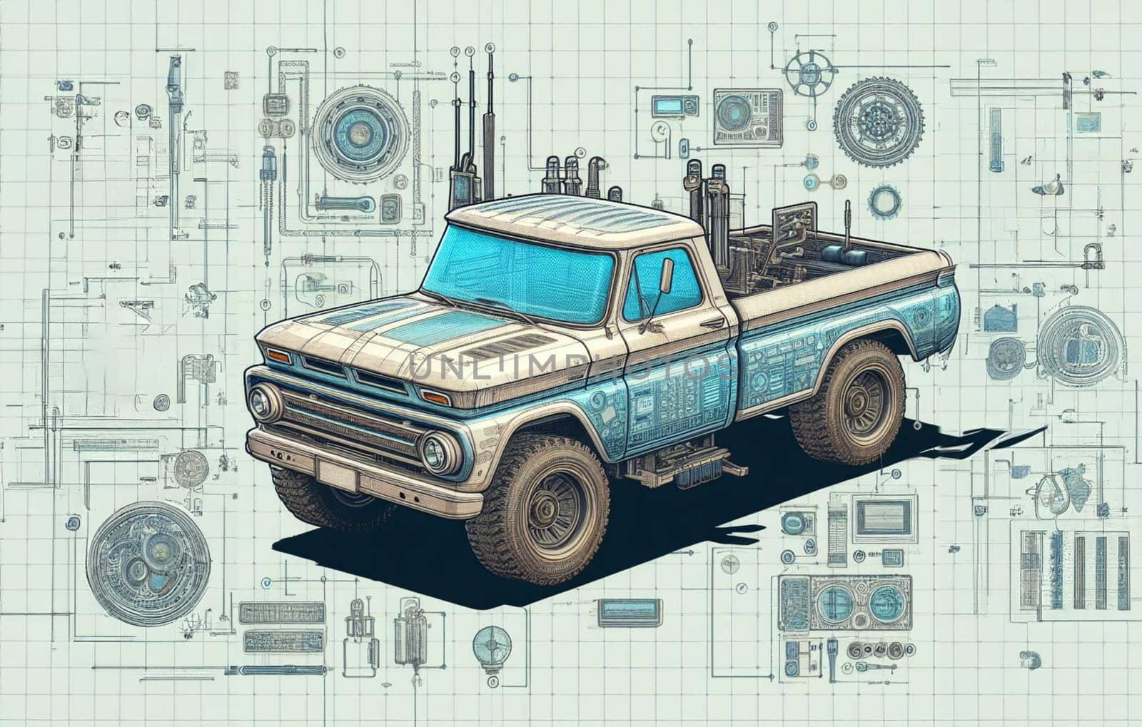 modern design render of truck pickup monster suv 4x4 powerful vehicle power schematics illustration by verbano