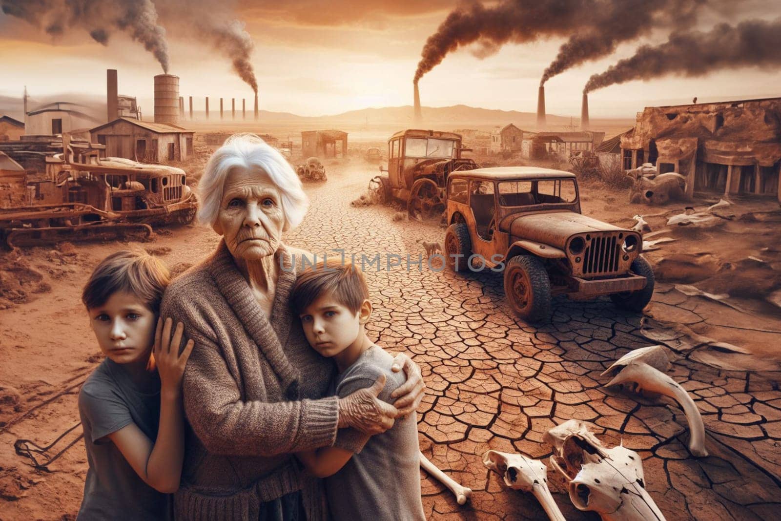 Senior couple and a boy, in Scorched earth arid soil desert heat , rusty car jeep yard, dead animal bones, stormy sky, sunbeams, smoking factories polluting ambient, apocalyptic scene, ai generated