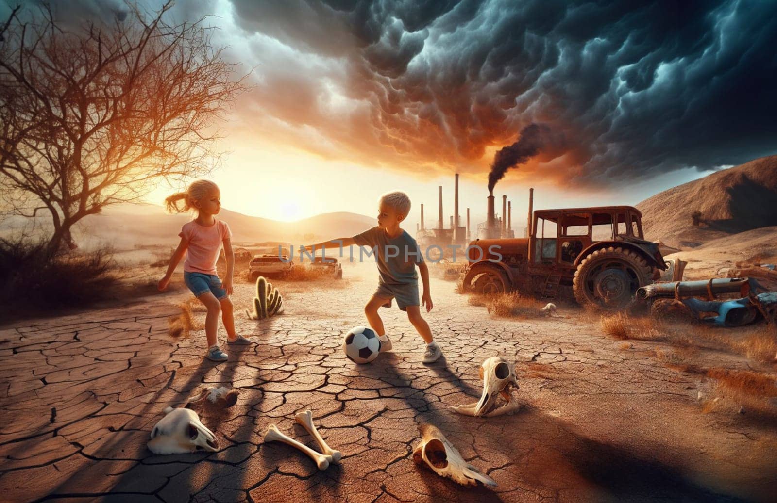 Children playing ball in dystopian scene, Scorched earth arid soil desert heat sun climate change global warming drought, abandoned unfertile land,apocalyptic scene, ai generated