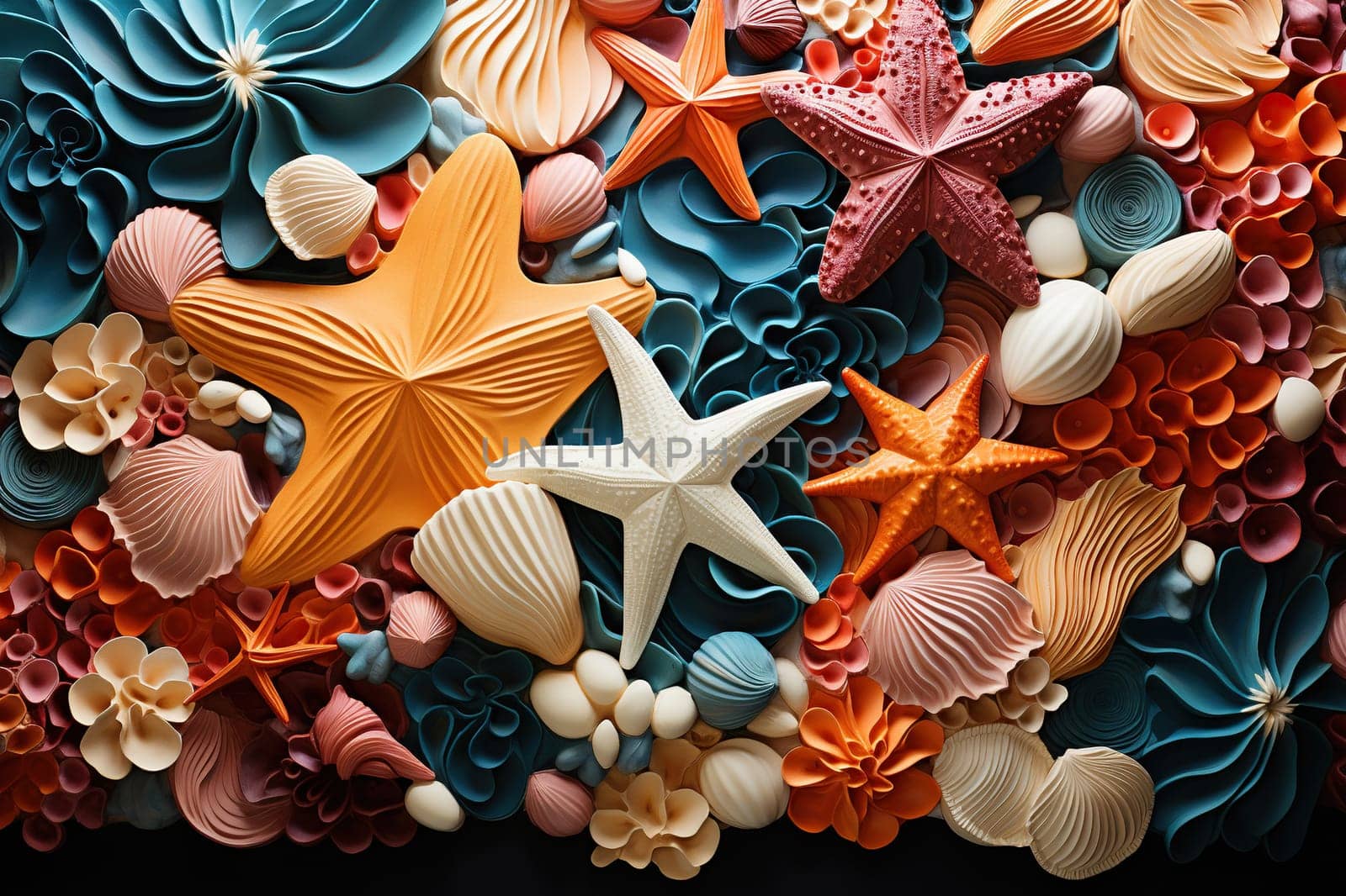 Seabed with starfish, shells, tubefish. Marine decorative set. Underwater ecosystem, aquatic natural creatures.