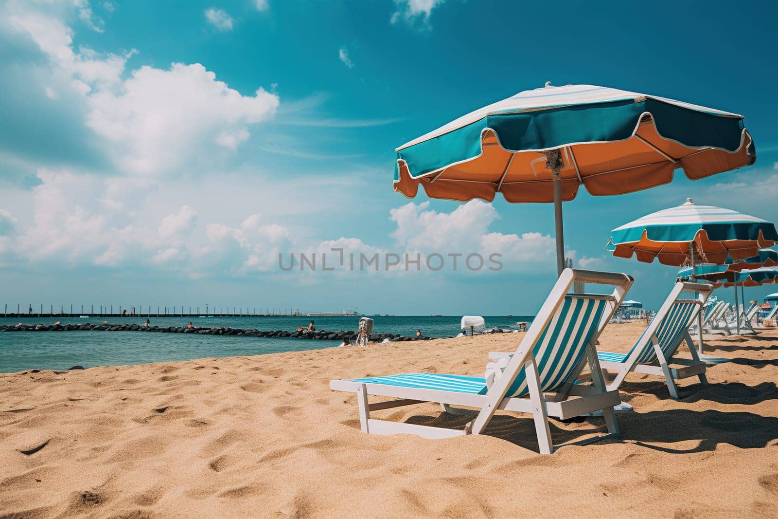 Palm leaves close-up against the backdrop of a seascape with waves. Vacation, travel, beach holiday concept.