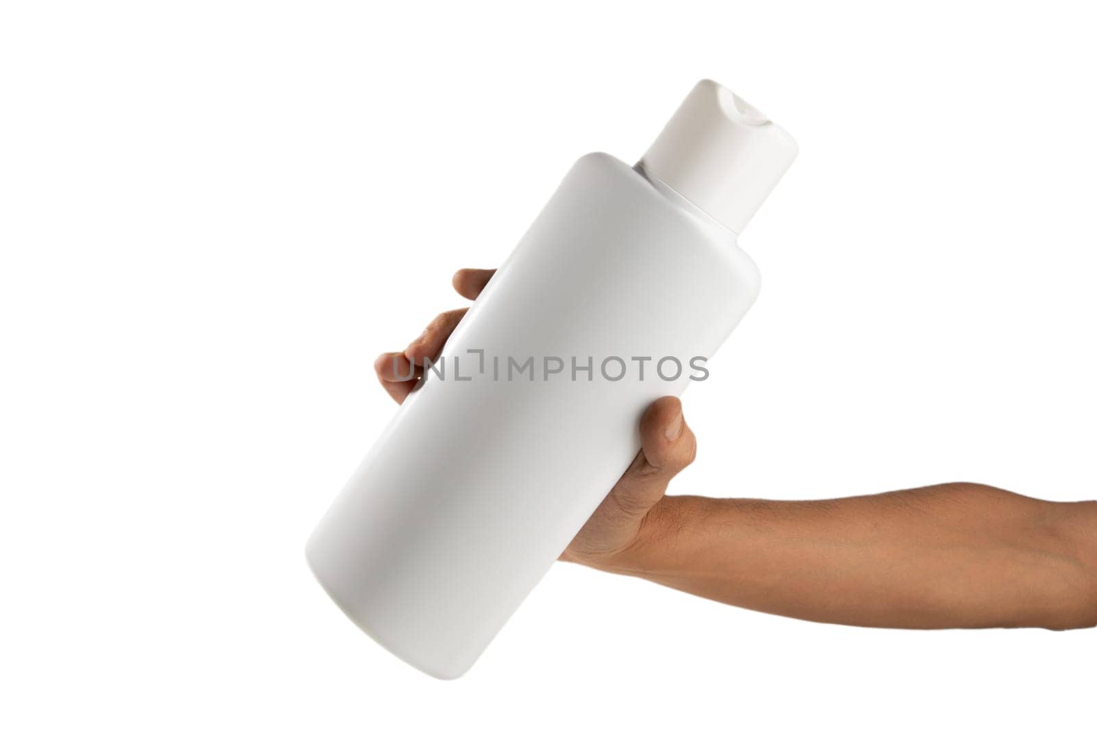 Mockup of unbranded white shampoo or conditioner bottle no background by TropicalNinjaStudio