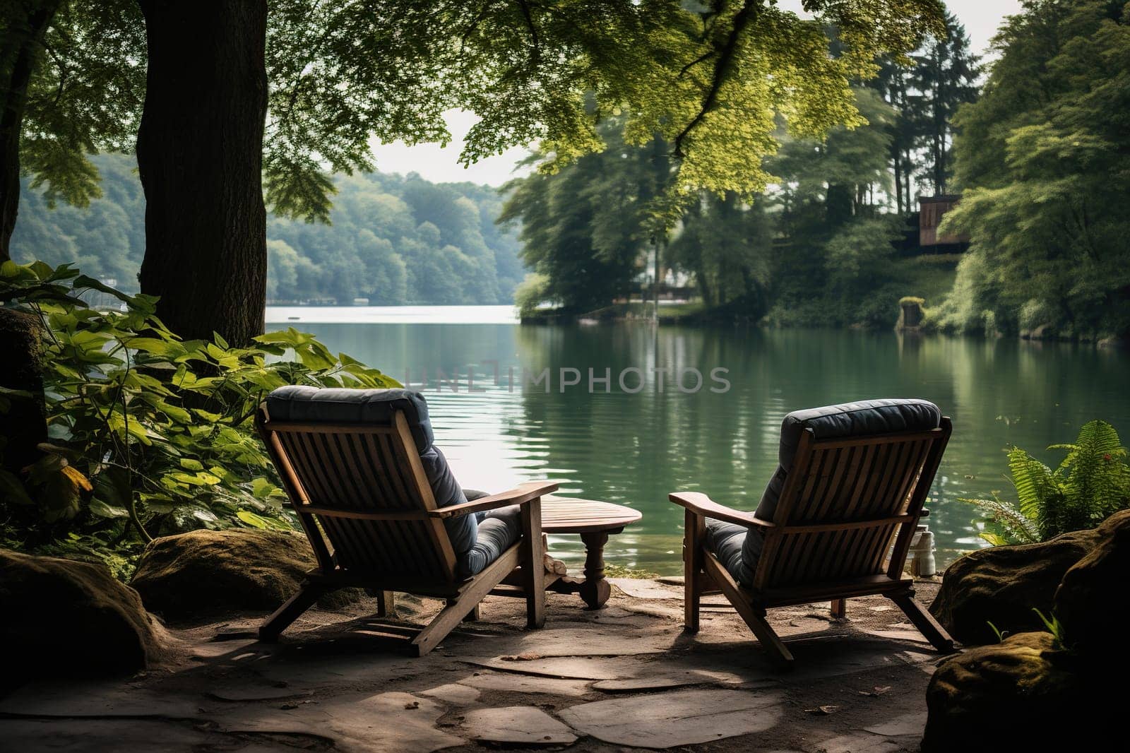 Two chairs for relaxing on the bank of a calm river in the forest. Camping, recreation.