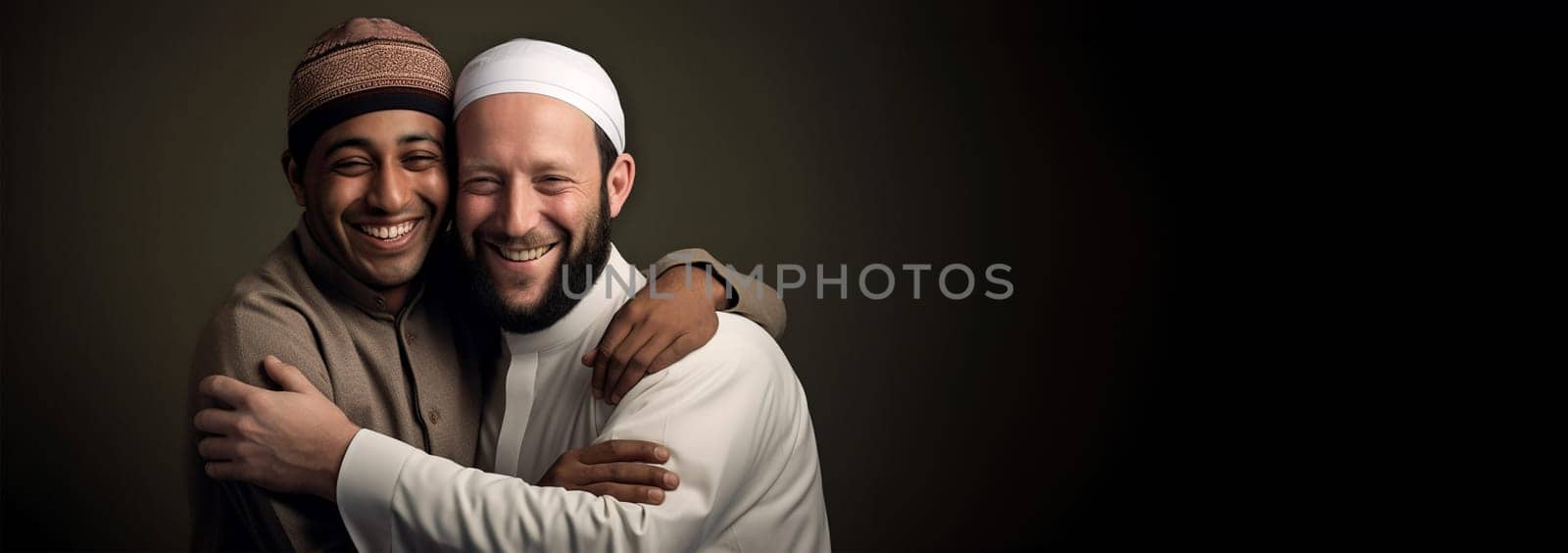 Two muslim man hugging and smiling. Eid mubarak concept. Islam friends or business parnerts embracing each other. Arabic men having warm meeting by Annebel146