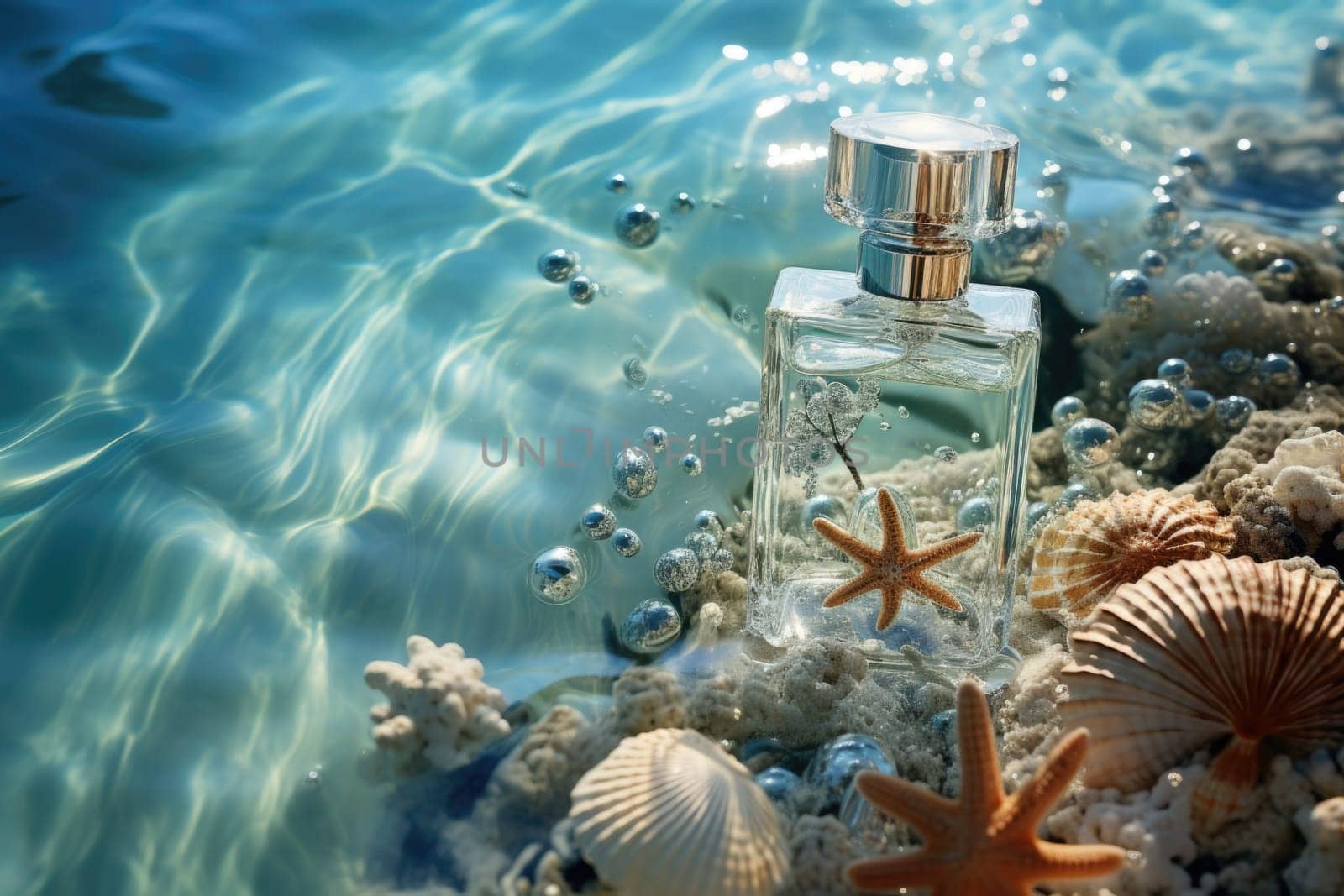 Transparent bottle of perfume with starfish and sea shells on blue water texture. AI generated.