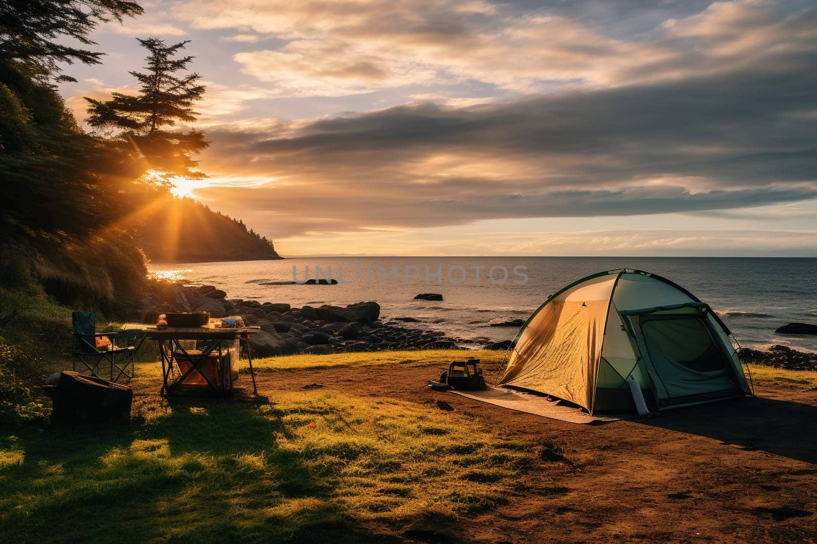 Tent, camping in summer on the beach sea and sky background.