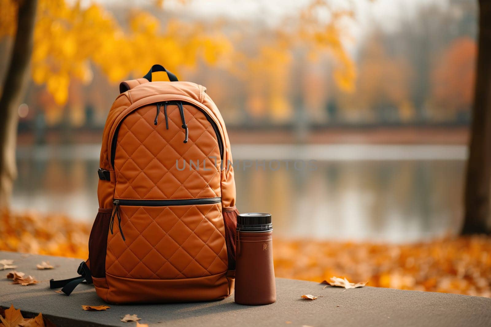 Backpack with a thermos in an autumn park near the river. Travel concept.