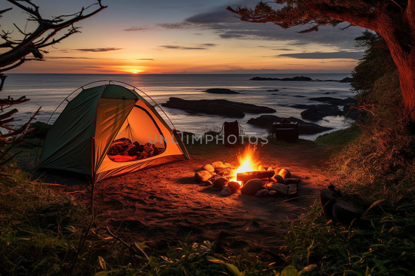 Camping by the sea. Tent and fire at sunset.