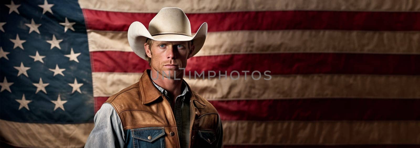 Texas Cowboy male portrait standing by American flag background with copy space. Proud western US United states of America citizen Space for text