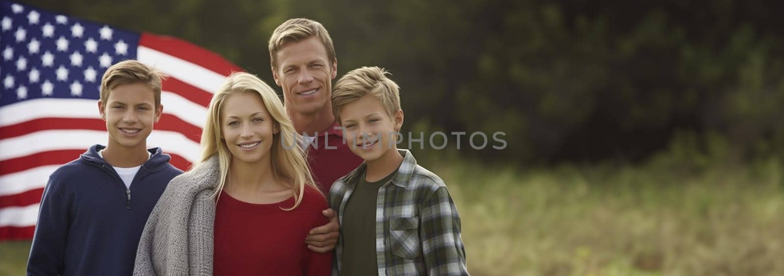 portrait of beautiful modern proud blond American family with USA flag outdoors. Flag of America. United states. Copy space Space for text