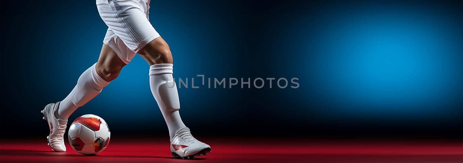 Close-up of a Leg in a Boot Kicking Football Ball. Professional Soccer Player Hits Ball with Fierce Power and Scores Goal, Grass Flying. Beautiful Cinematic Low Angle Ground Artistic Shot Copy space Space for text