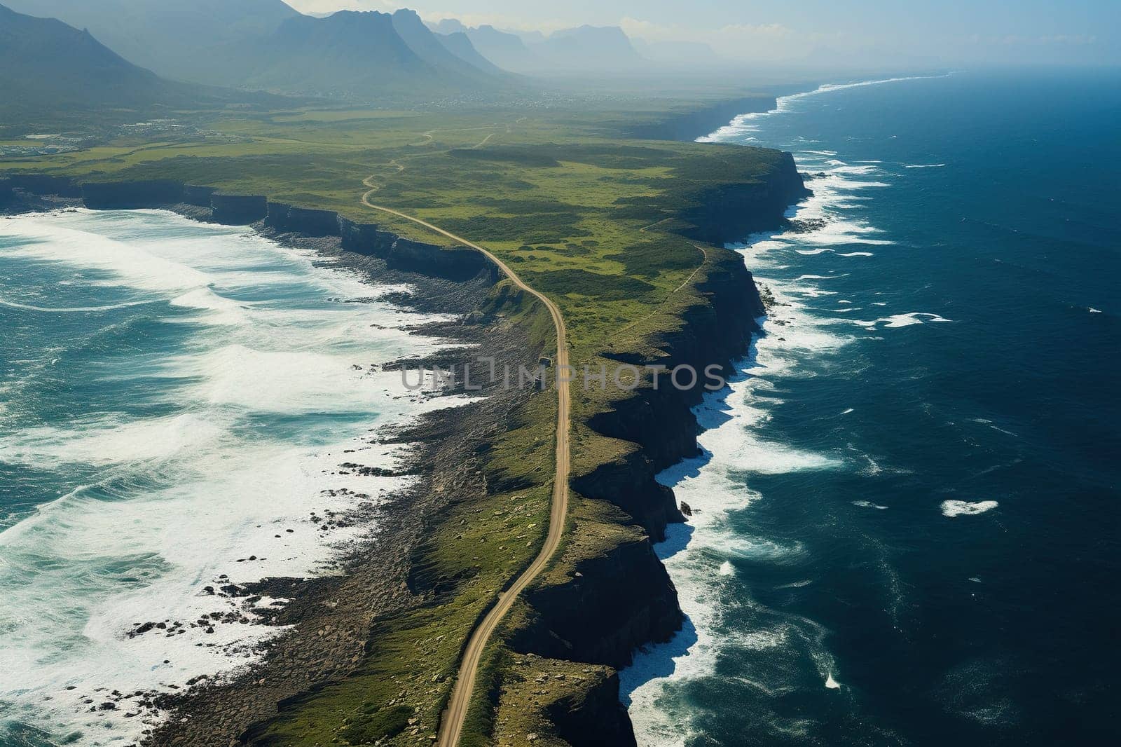 A sea spit leading to the mountains. A path with green grass and white waves around.