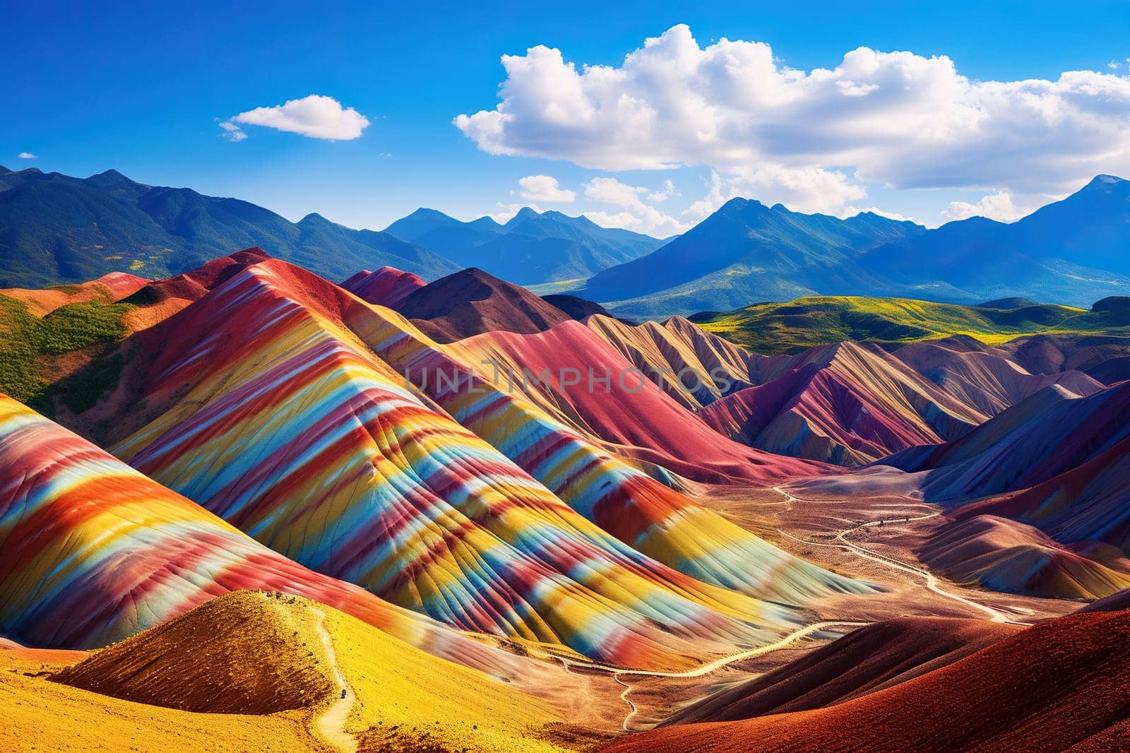Bright multi-colored hills.