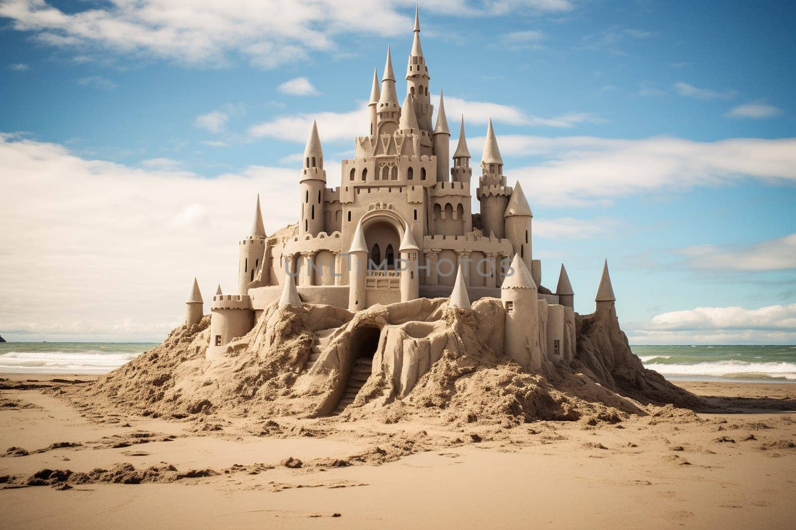 Beautiful sand castle on the sand by the sea.