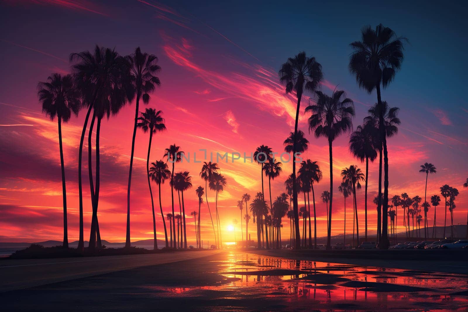 Beautiful sunset against the backdrop of the silhouette of tall palm trees on the sea beach. Vintage tone.