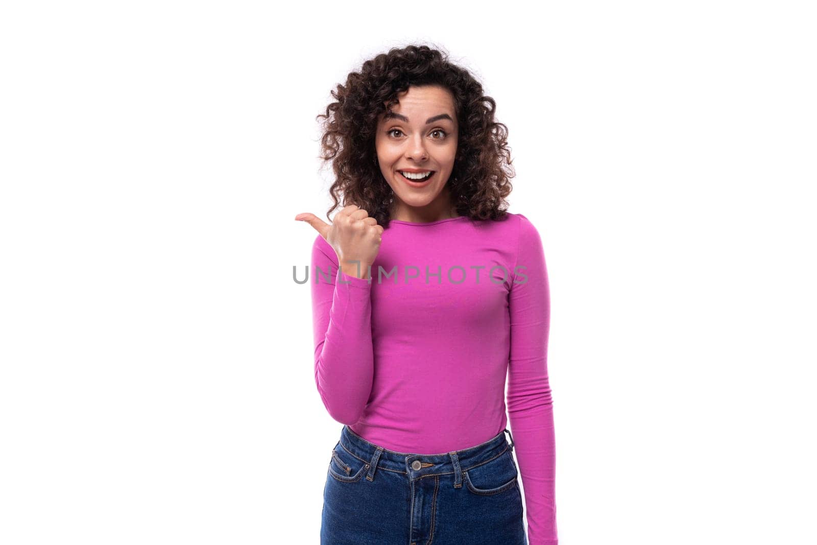 young smiling leader woman with curly black hair on white background with copy space by TRMK