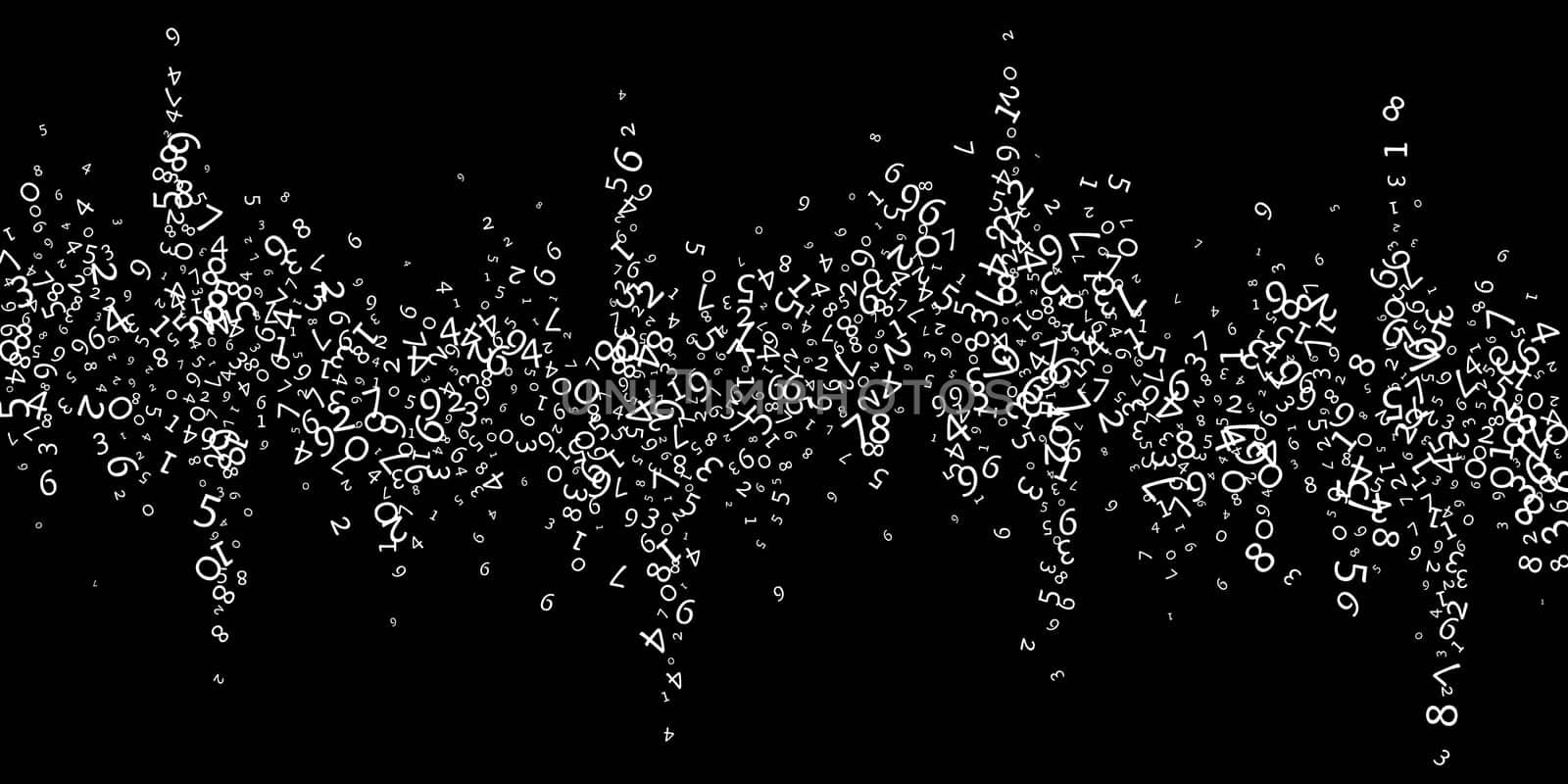 Falling numbers, big data concept. Binary white messy flying digits. Modern futuristic banner on black background. Digital illustration with falling numbers.