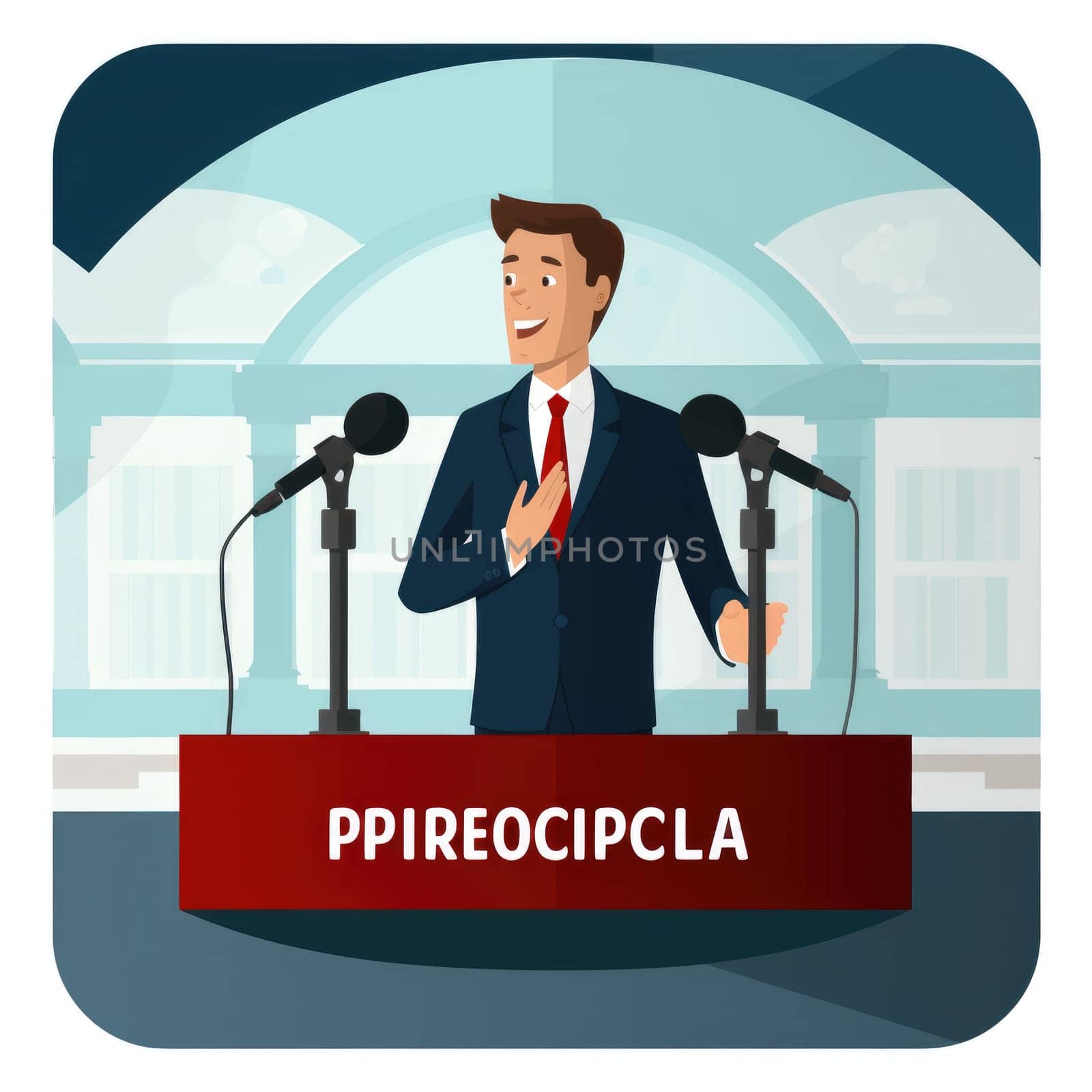 Public speaking politician on the podium in front of crowd. AI Generated. High quality illustration