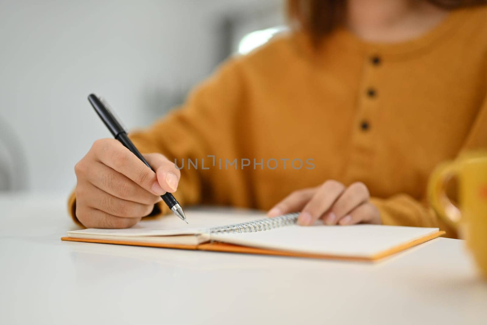 Closeup woman hand writing notes in personal daily planner, planning workday.