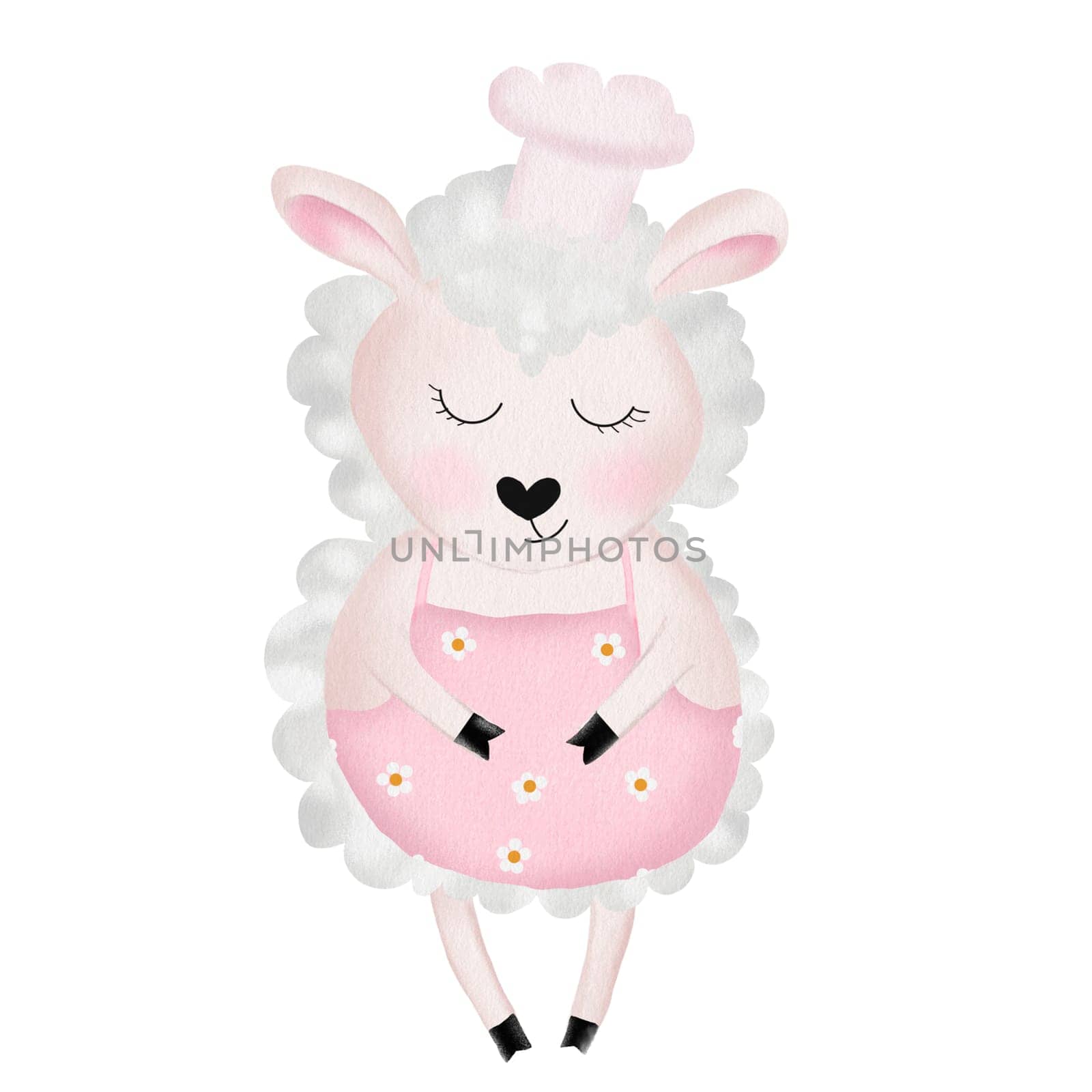 Watercolor drawing of a cute baker sheep on a white background. Adorable lamb pastry chef in a cap. For designing cards and invitations. High quality photo