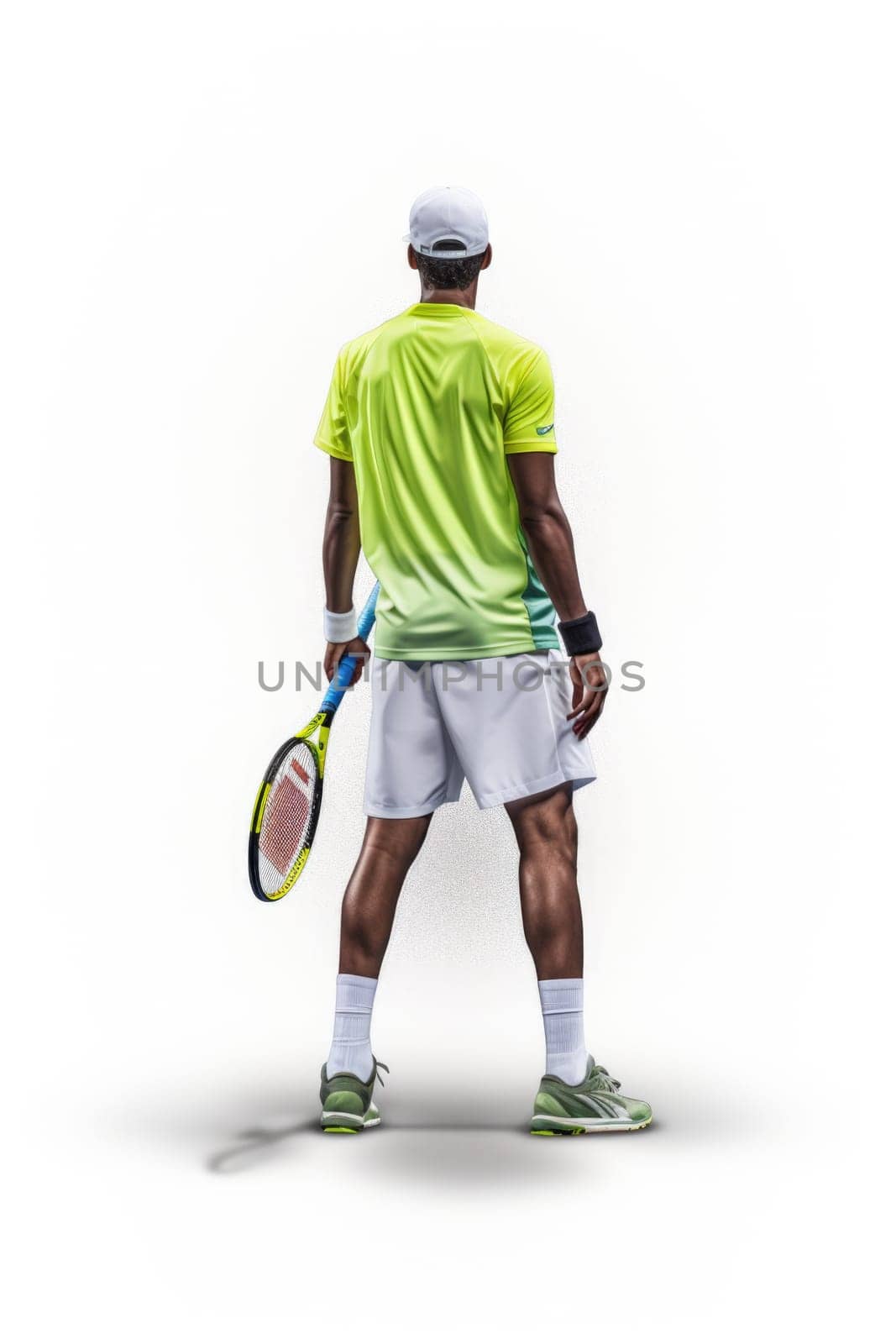 Male tennis player playing a match on a court. AI Generated . High quality illustration