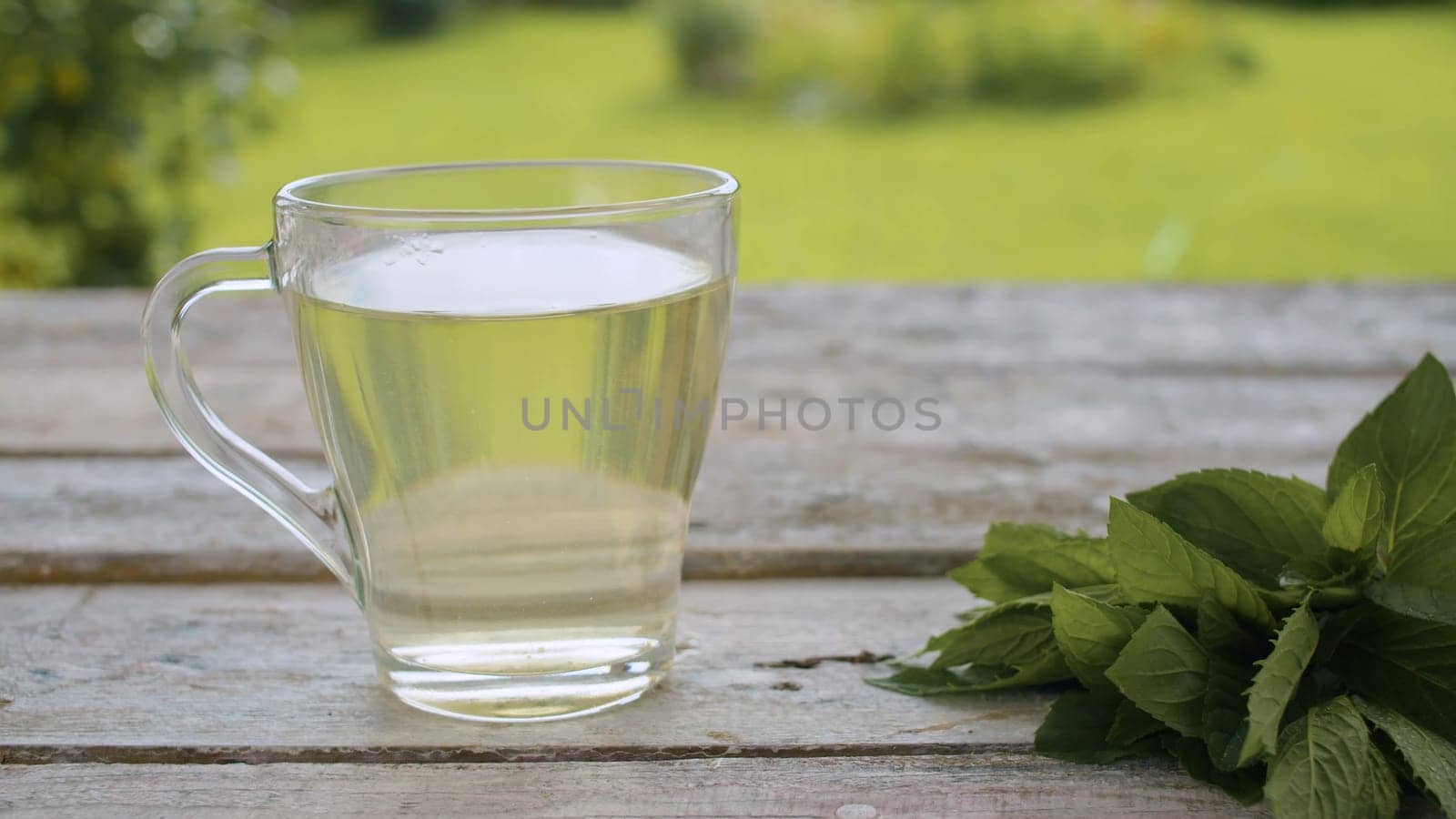 Close-up transparent cup of mint tea on the old wooden table outdoors. A fresh mint on the table. Herbal medicine concept