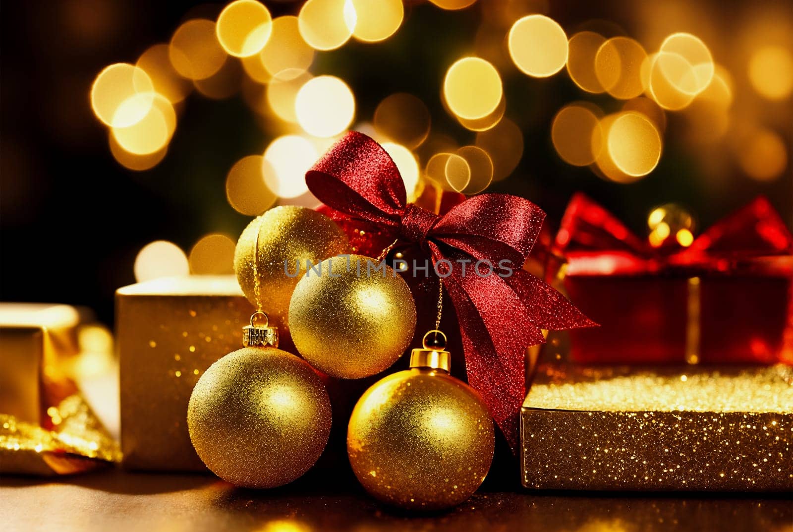 Christmas tree balls and gifts close-up on bokeh background