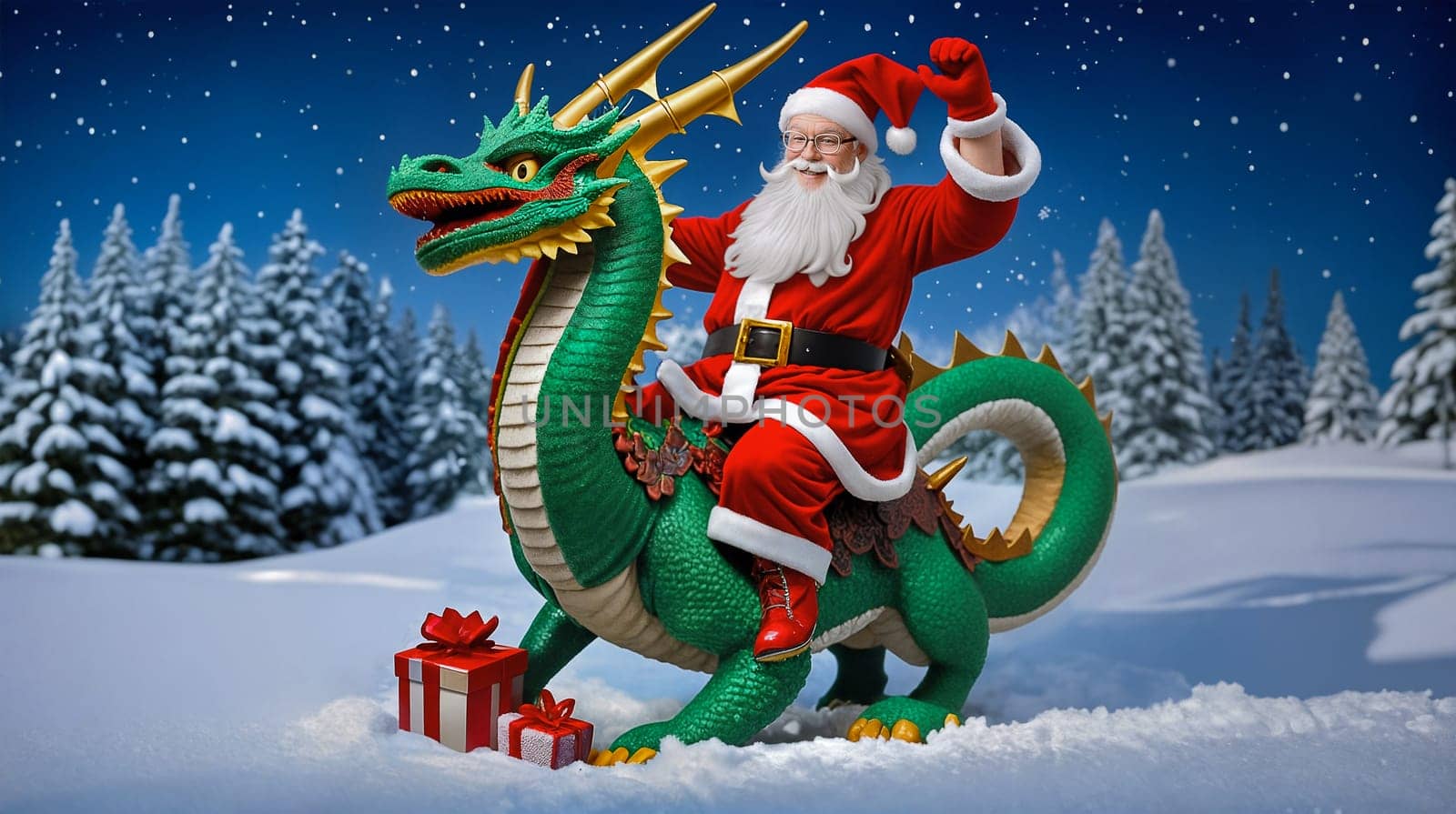 Cheerful Santa Claus sits astride a Green Dragon against a background of snow and fir trees.