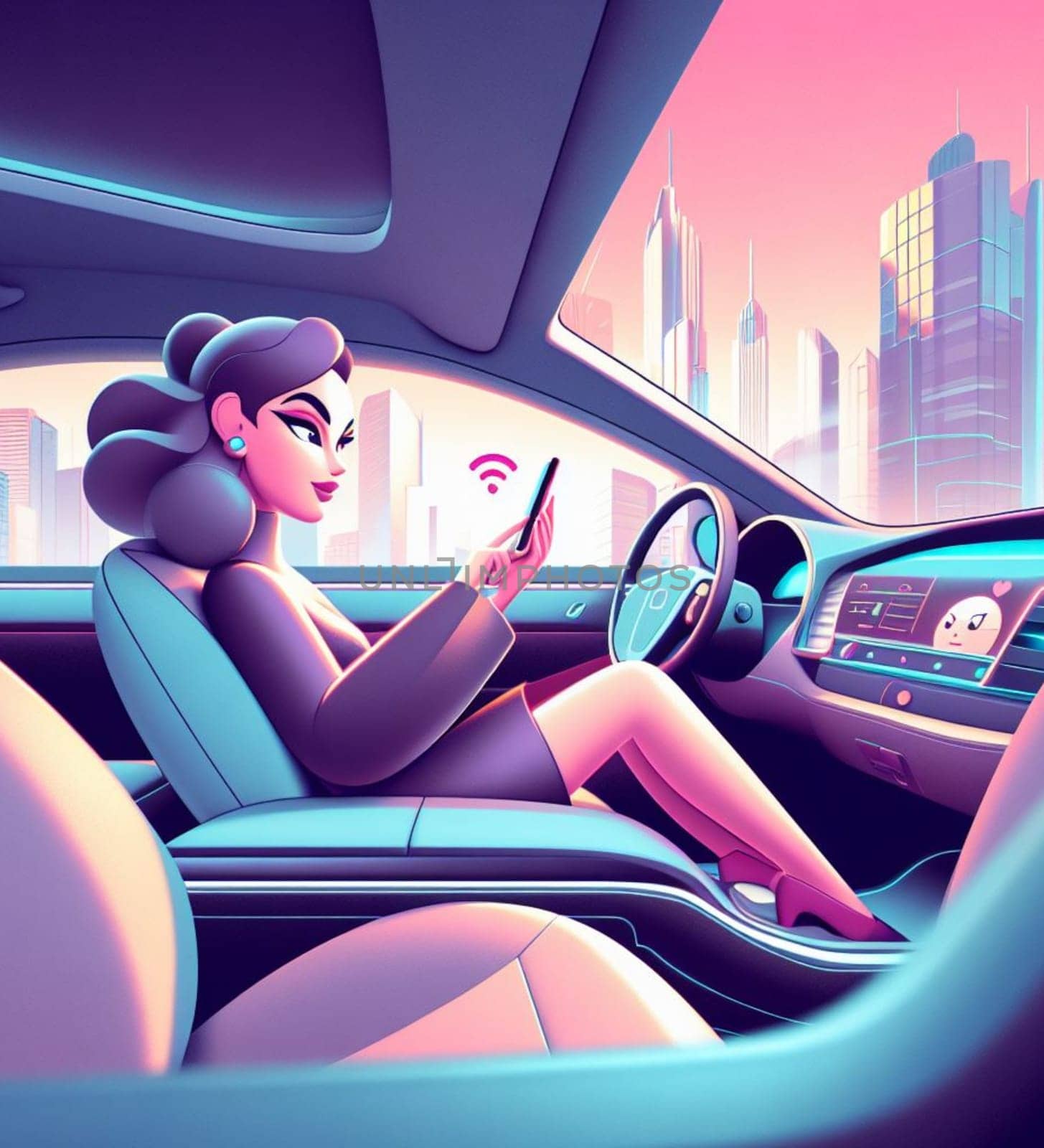 business woman manager remote working from autonomous driving ev car traveling fast in city traffic by verbano