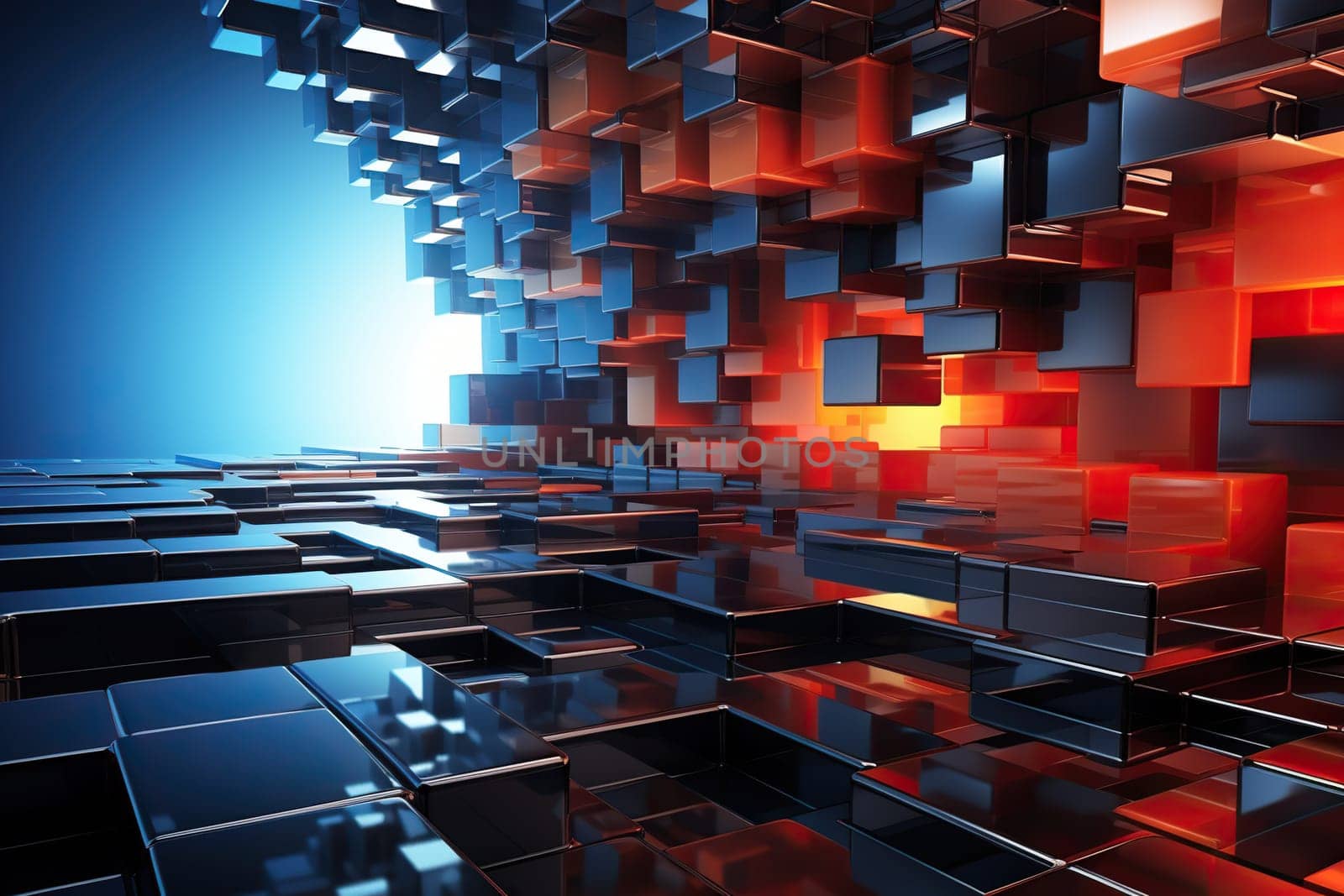 Abstract background image with cubes in blue and orange tones in space.