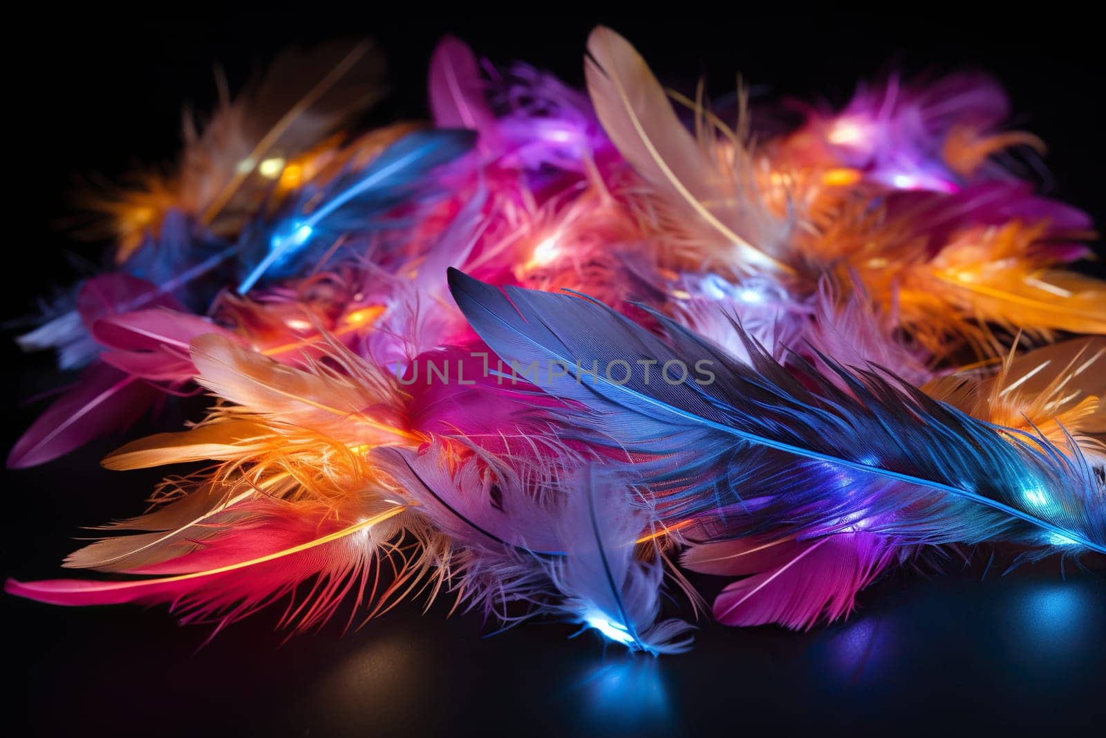 Multicolored bird feathers with neon glow. Bright background. Generated by artificial intelligence
