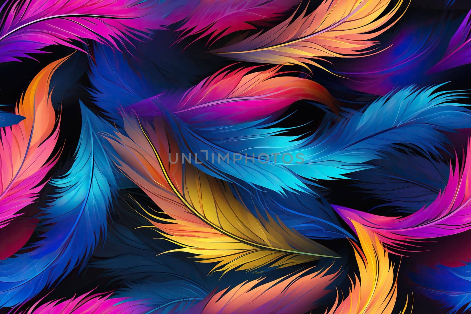Colorful feathers, firebird feather pattern. Bright background. Generated by artificial intelligence