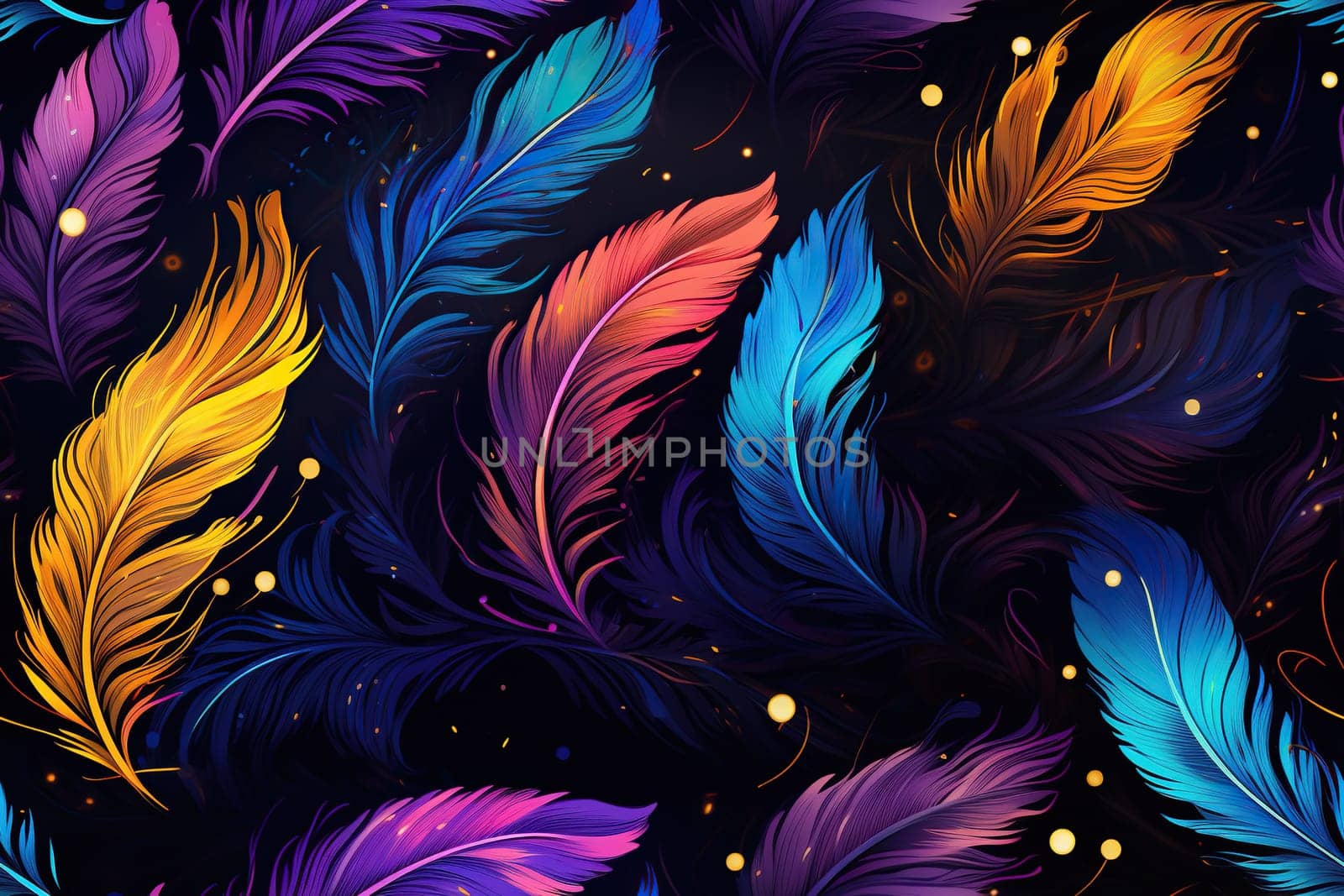 Colorful feathers, firebird feather pattern. Bright background. Generated by artificial intelligence