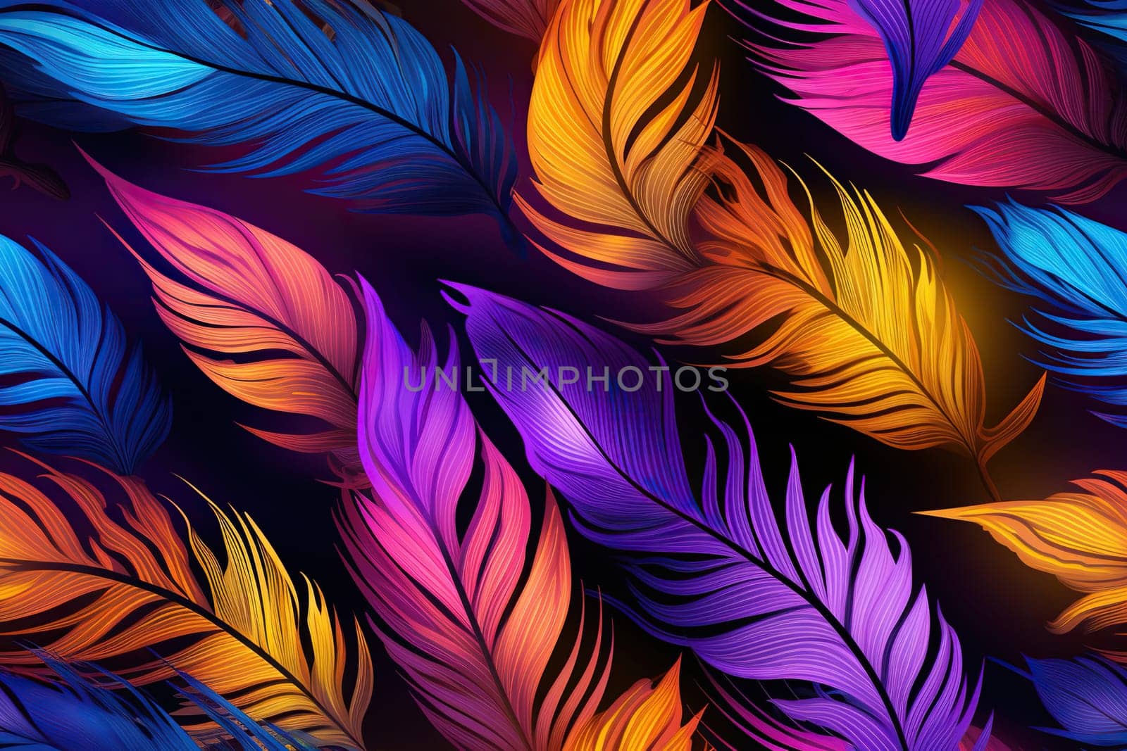 Colorful feathers, firebird feather pattern. Bright background. Generated by artificial intelligence by Vovmar