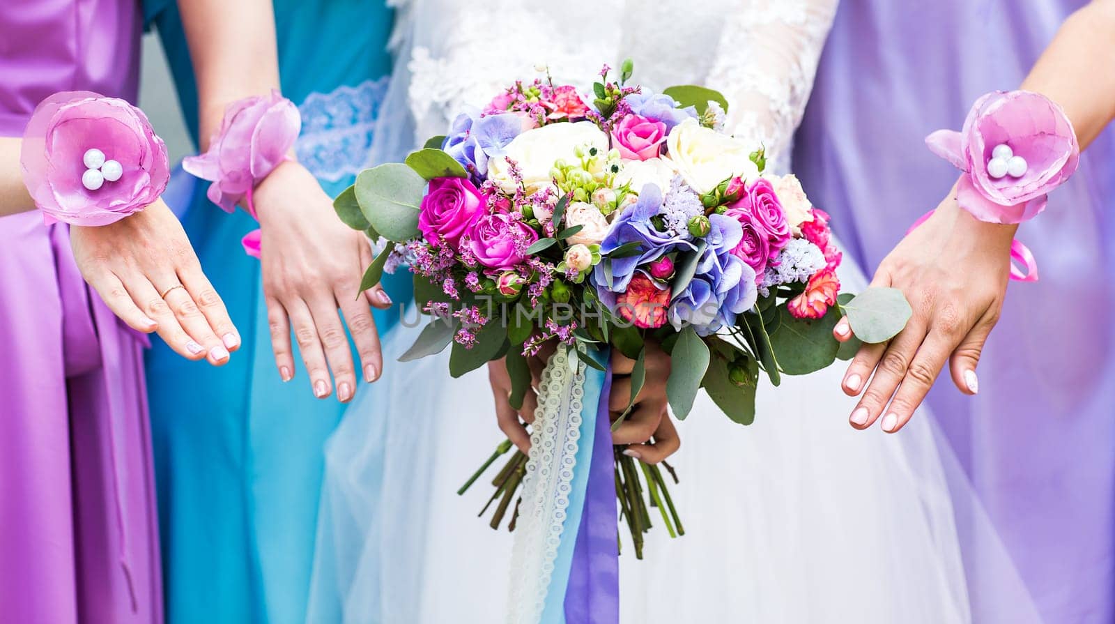 Close up of bride and bridesmaids bouquet.