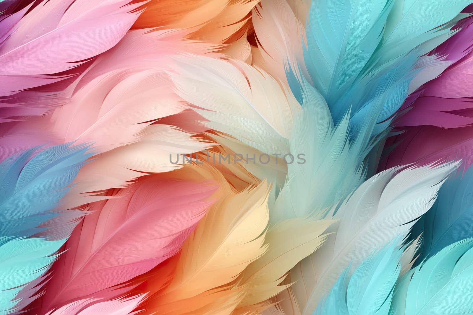 Colorful feathers, feather pattern in soft colors. Bright background.