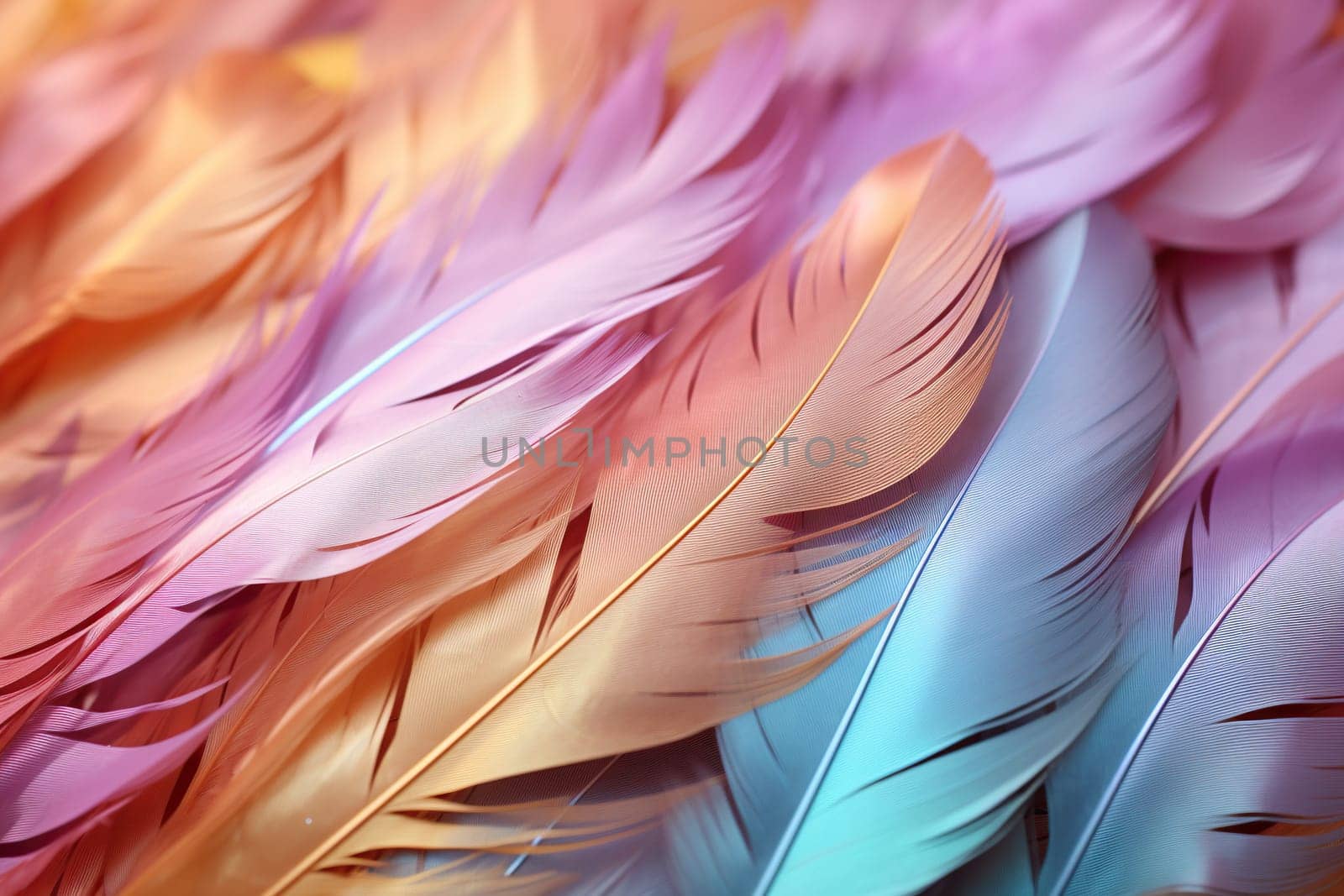 Colorful feathers, feather pattern in soft colors. Bright background. Generated by artificial intelligence by Vovmar