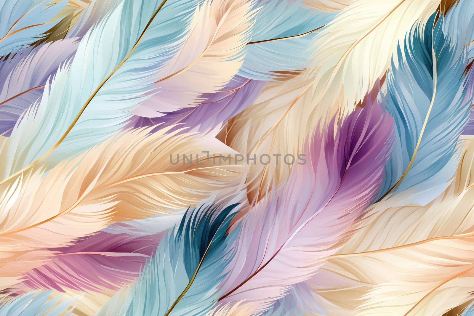 Colorful feathers, feather pattern in soft colors. Bright background. Generated by artificial intelligence by Vovmar