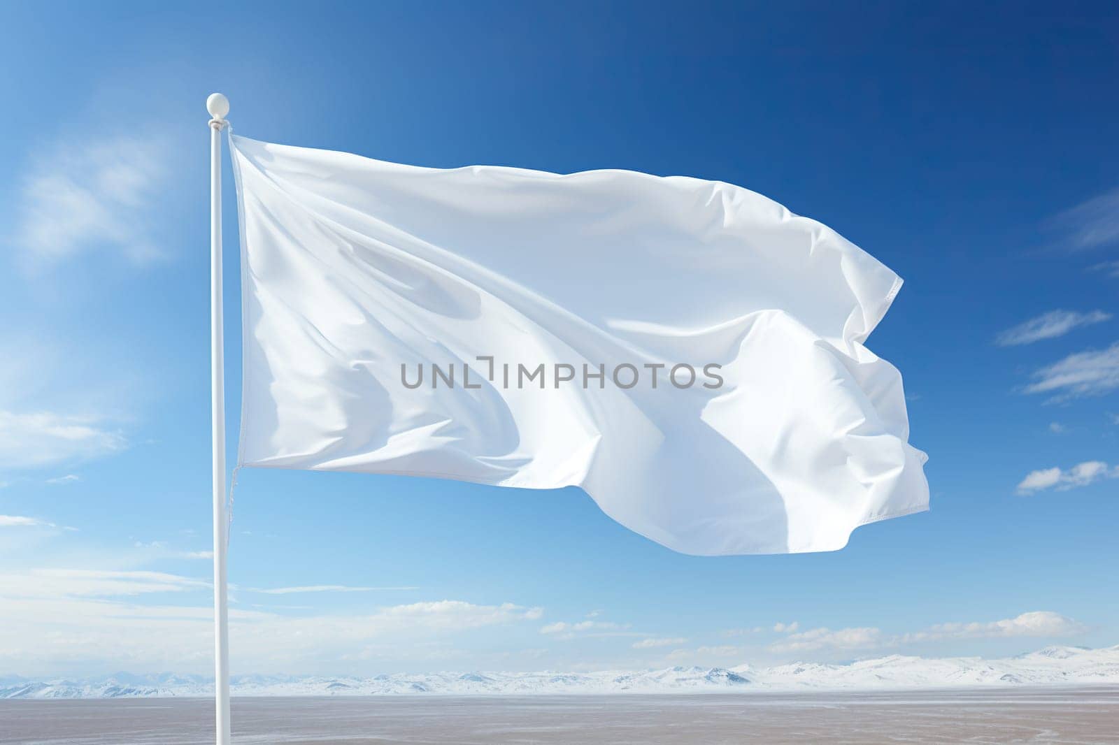 An empty white waving flag on a clear sky in a vacant lot.