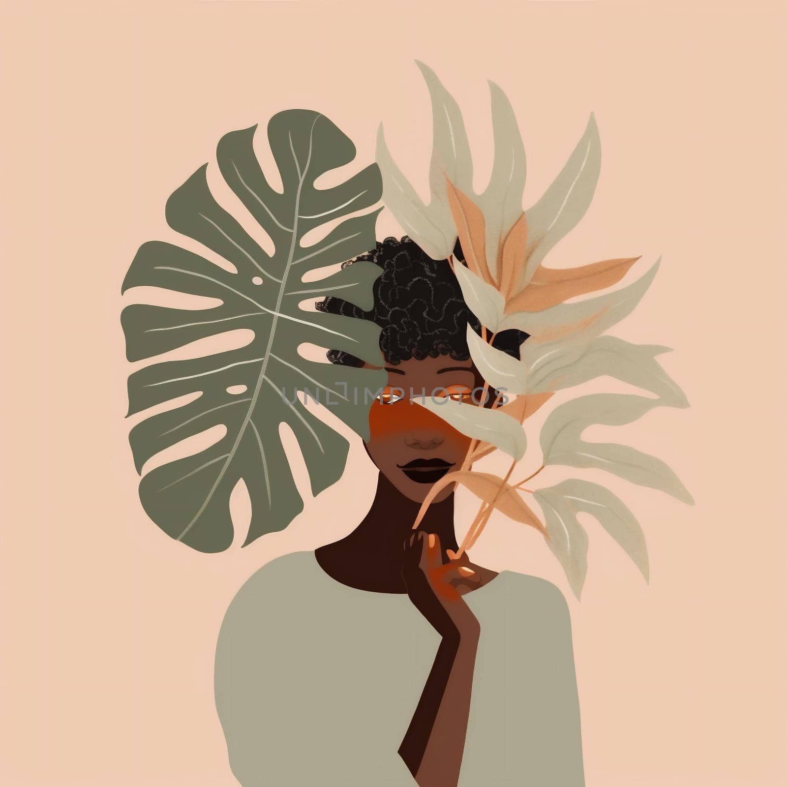 woman poster face summer design print minimal abstract portrait person palm trendy beige tropical illustration art leaf lady artwork decoration girl. Generative AI.