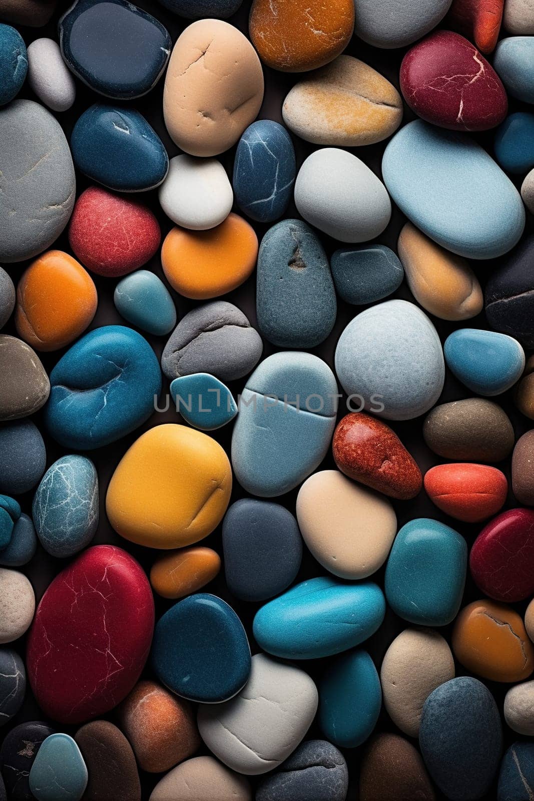 Vertical wallpaper made of multi-colored beach stones. Background of colored pebbles.