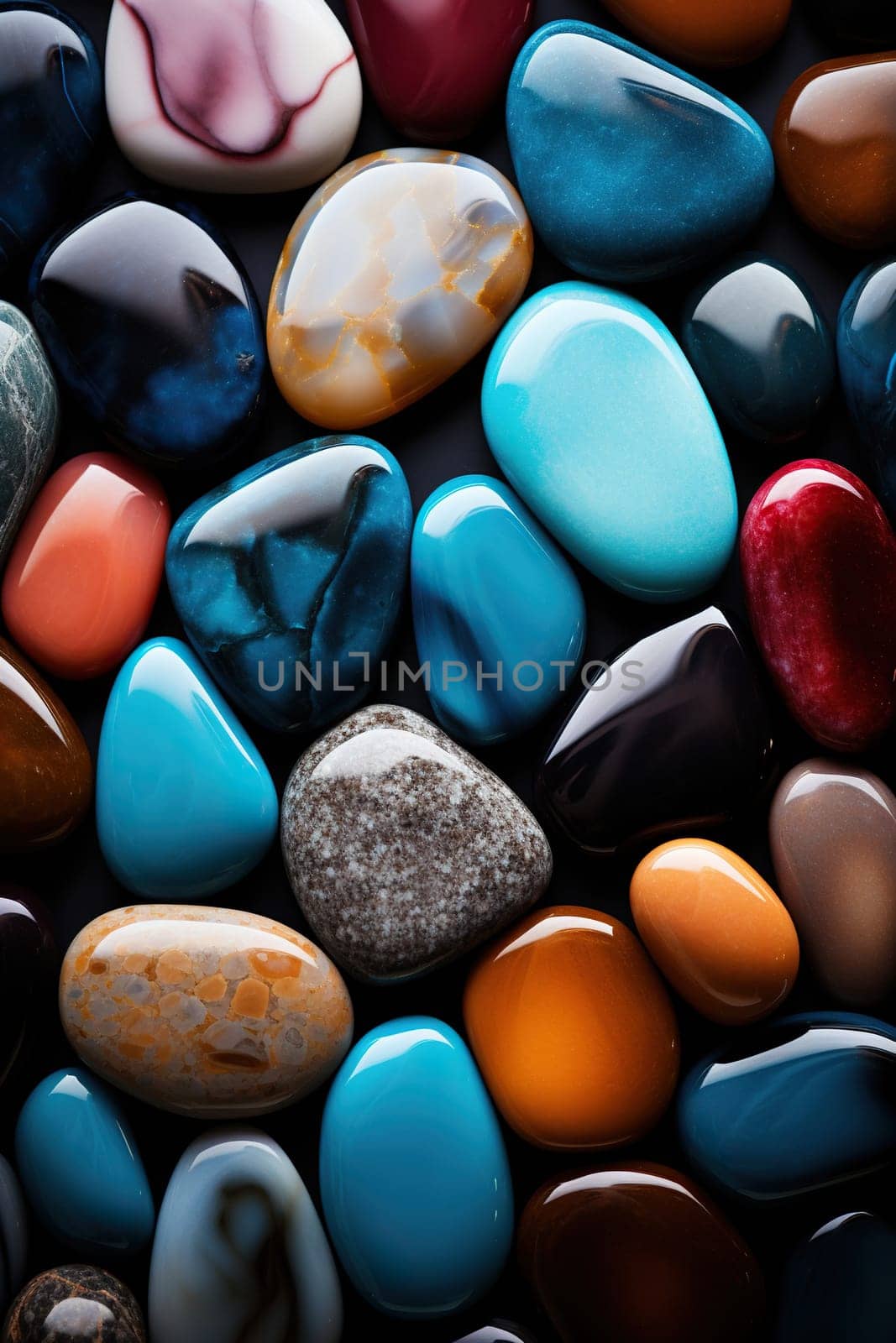Vertical wallpaper made of multi-colored beach stones. Background of colored pebbles. Generative AI by Vovmar