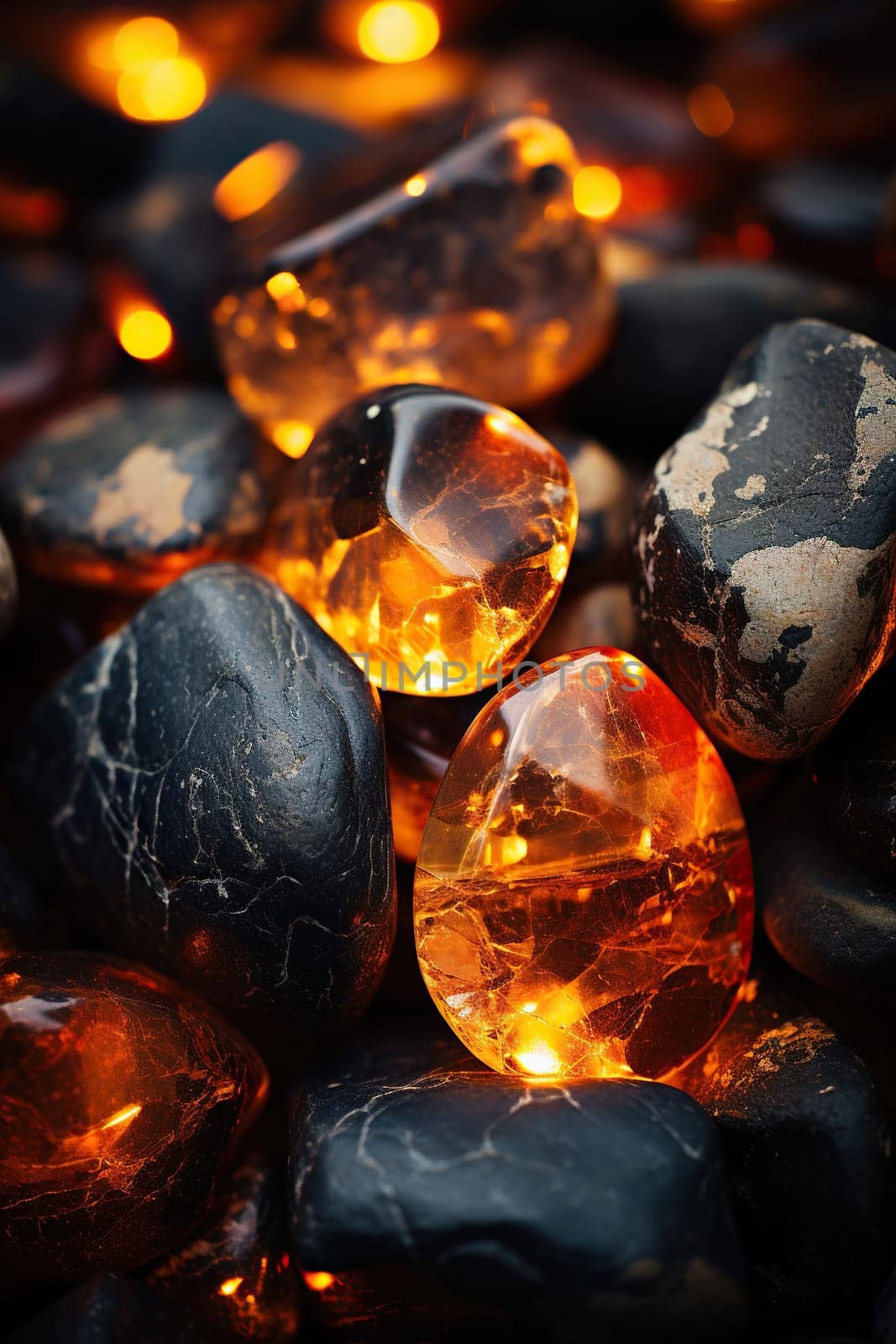 Vertical background of amber colored stones. Generative AI by Vovmar