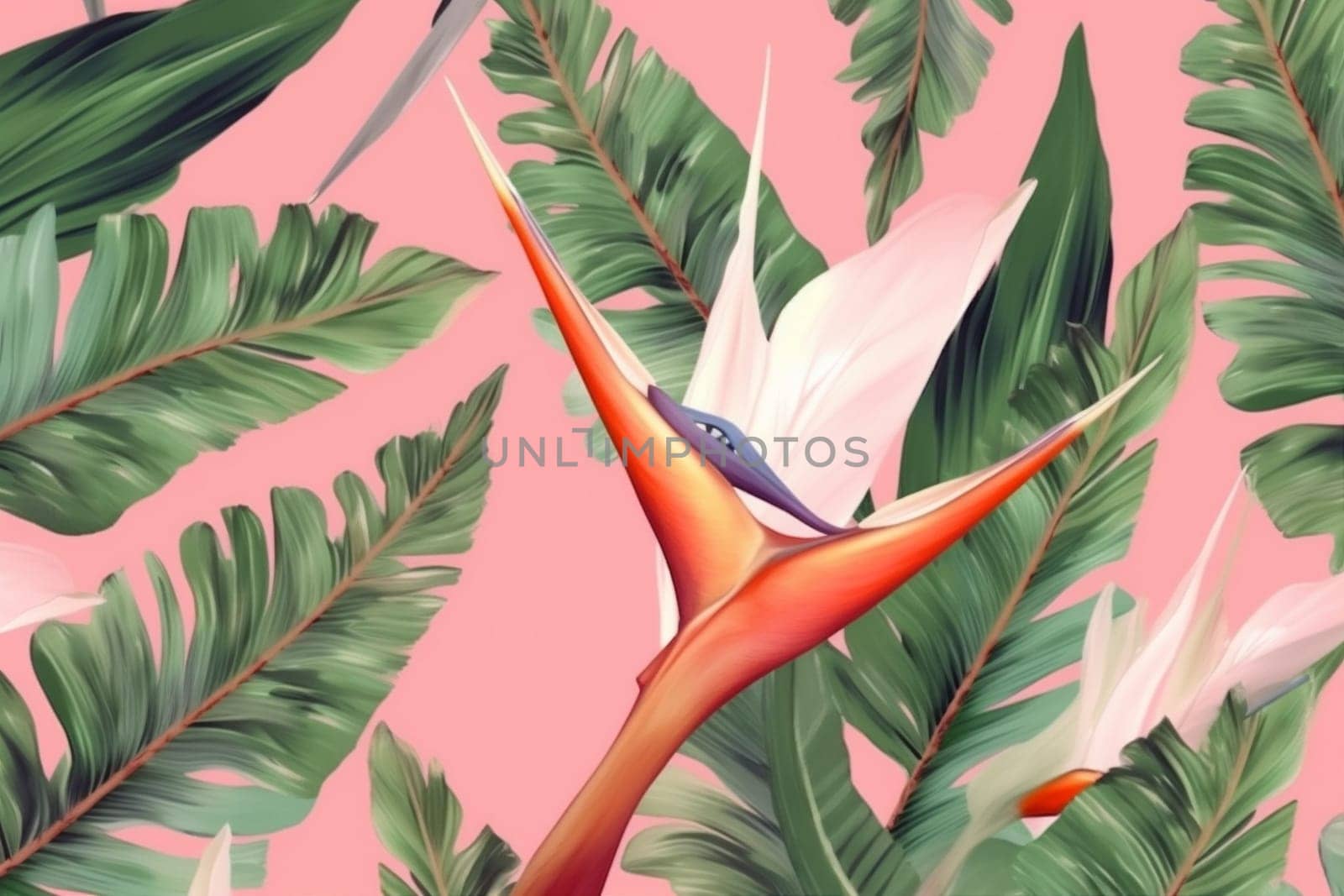 jungle pattern trendy leaf orange pink tropical seamless flower colorful. Generative AI. by Vichizh