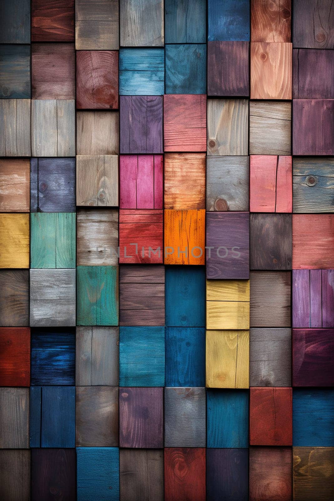 Abstract background from many old colorful pieces of wood. Vertical background. Generative AI by Vovmar